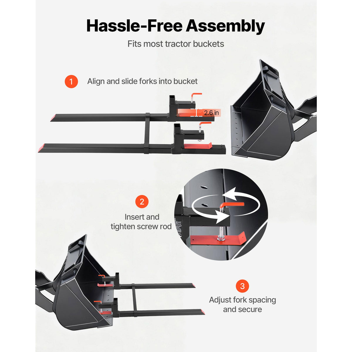 Pallet Forks, 907 kg Clamp on Pallet Forks, 149 cm Total Length Heavy-Duty Tractor Fork with Adjustable Stabilizer Bar for Tractor Attachments, Loader Bucket, and Skid Steer, Black