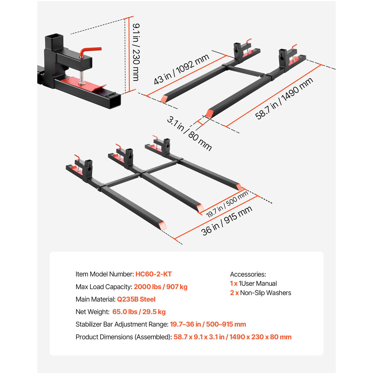 Pallet Forks, 907 kg Clamp on Pallet Forks, 149 cm Total Length Heavy-Duty Tractor Fork with Adjustable Stabilizer Bar for Tractor Attachments, Loader Bucket, and Skid Steer, Black