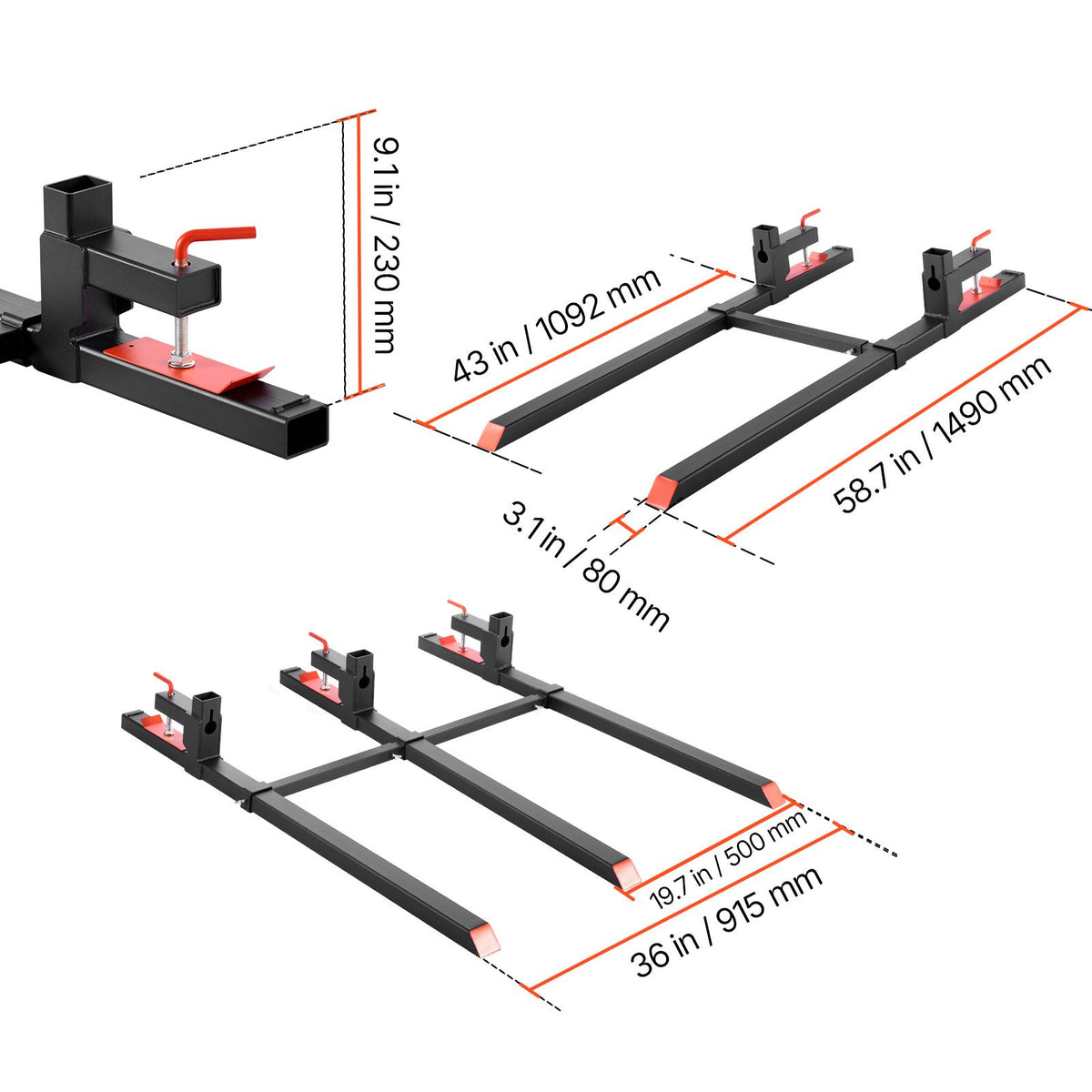 Pallet Forks, 907 kg Clamp on Pallet Forks, 149 cm Total Length Heavy-Duty Tractor Fork with Adjustable Stabilizer Bar for Tractor Attachments, Loader Bucket, and Skid Steer, Black