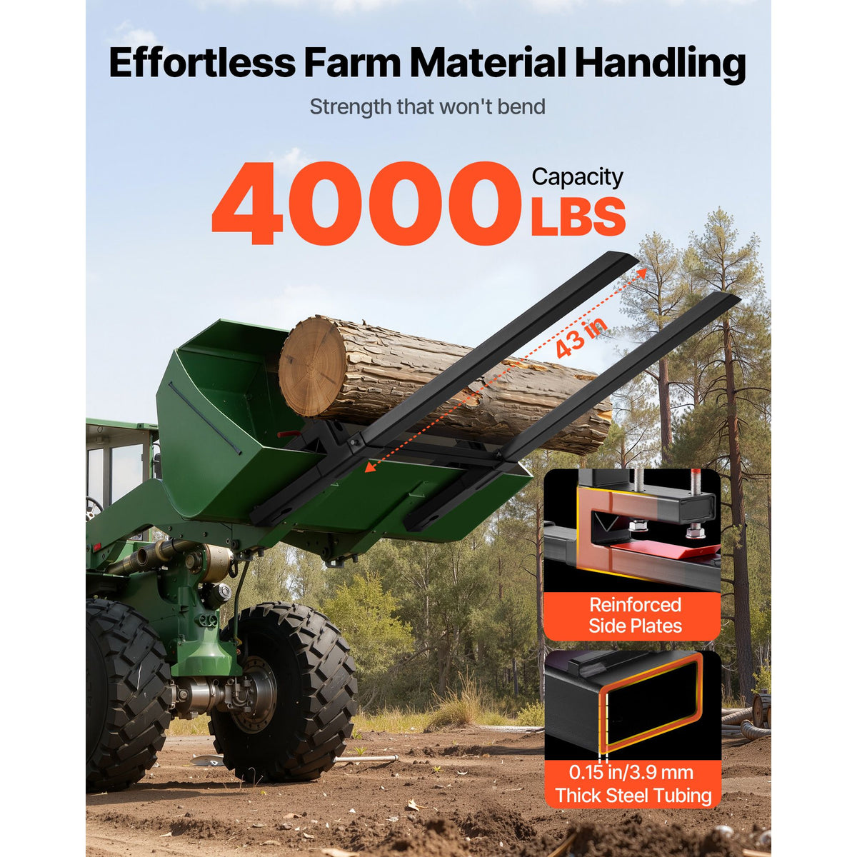 Pallet Forks, 1814 kg Clamp on Pallet Forks, 149 cm Total Length Heavy-Duty Tractor Fork with Adjustable Stabilizer Bar for Tractor Attachments, Loader Bucket, and Skid Steer, Black