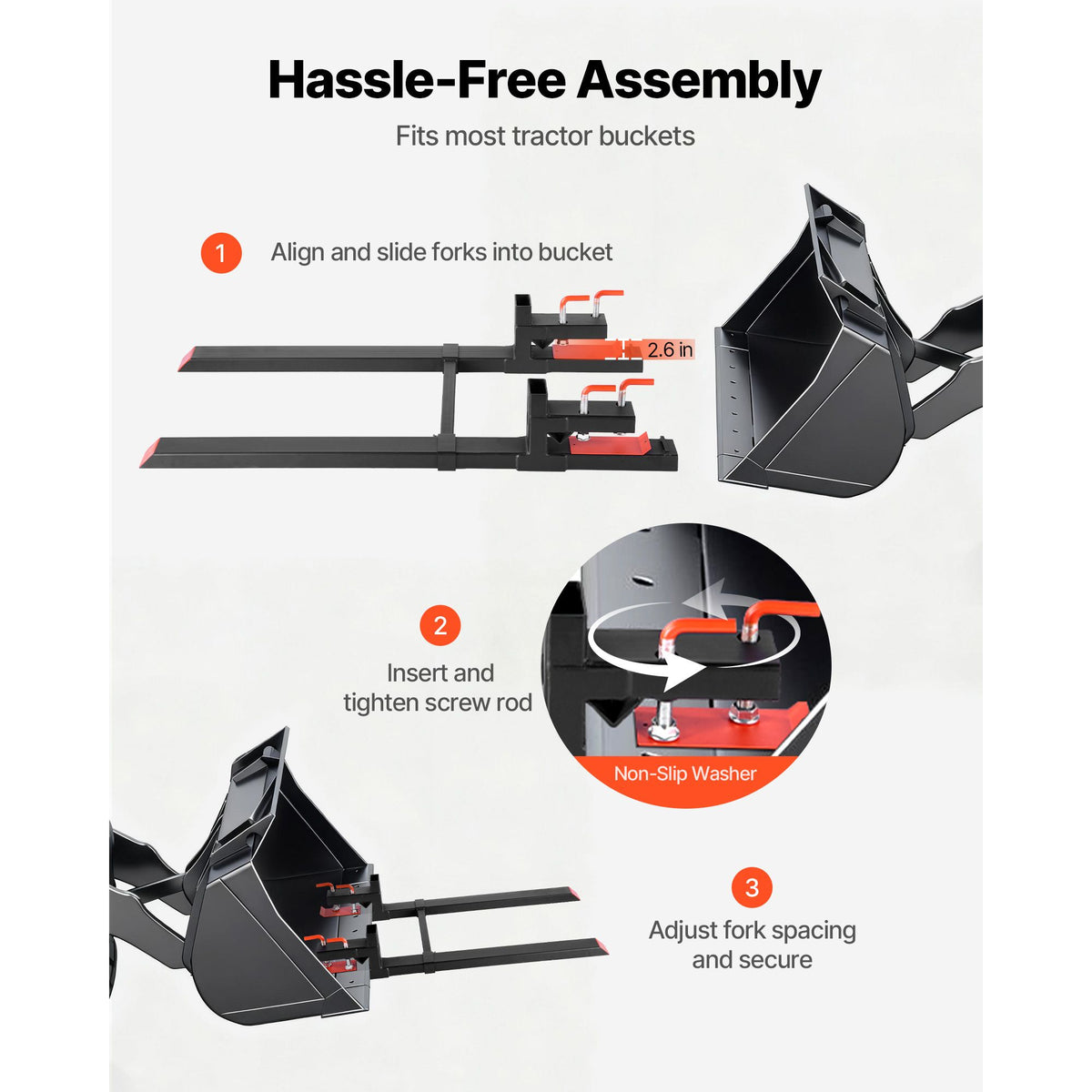 Pallet Forks, 1814 kg Clamp on Pallet Forks, 149 cm Total Length Heavy-Duty Tractor Fork with Adjustable Stabilizer Bar for Tractor Attachments, Loader Bucket, and Skid Steer, Black