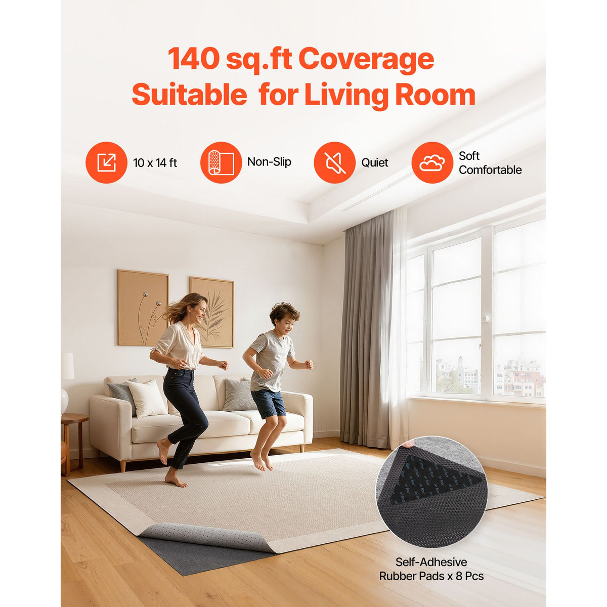 Rug Pad 3.05 x 4.27 m, Non-slip Carpet Area Pad, Rug Mat Padding with Dual Surface Felt Cushion & Rubber Gripper, Hardwood Floor Protection for All Floors, Finishes, Keeps Carpets in Place