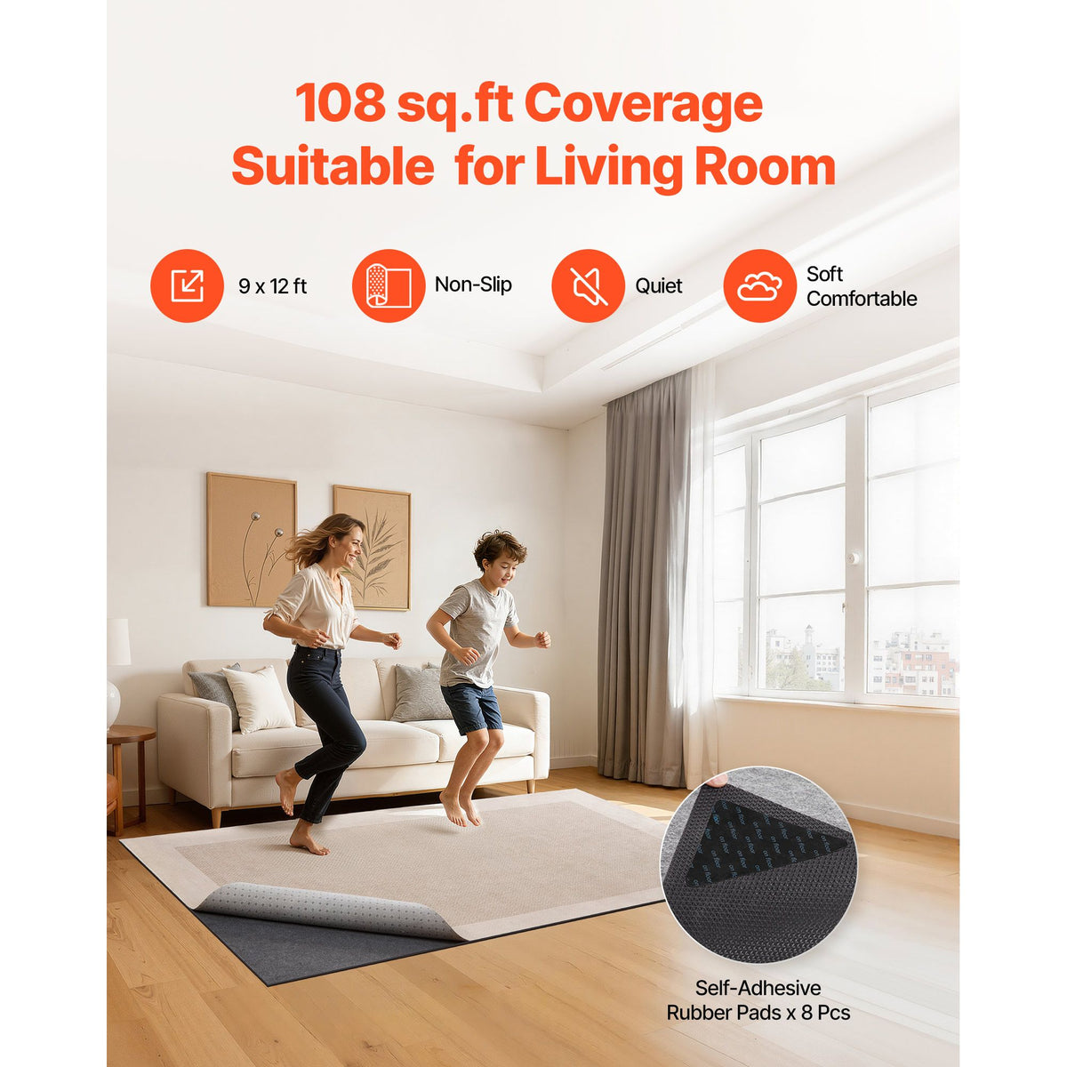 Rug Pad 2.74 x 3.66 m, Non-slip Carpet Area Pad, Rug Mat Padding with Dual Surface Felt Cushion & Rubber Gripper, Hardwood Floor Protection for All Floors, Finishes, Keeps Carpets in Place