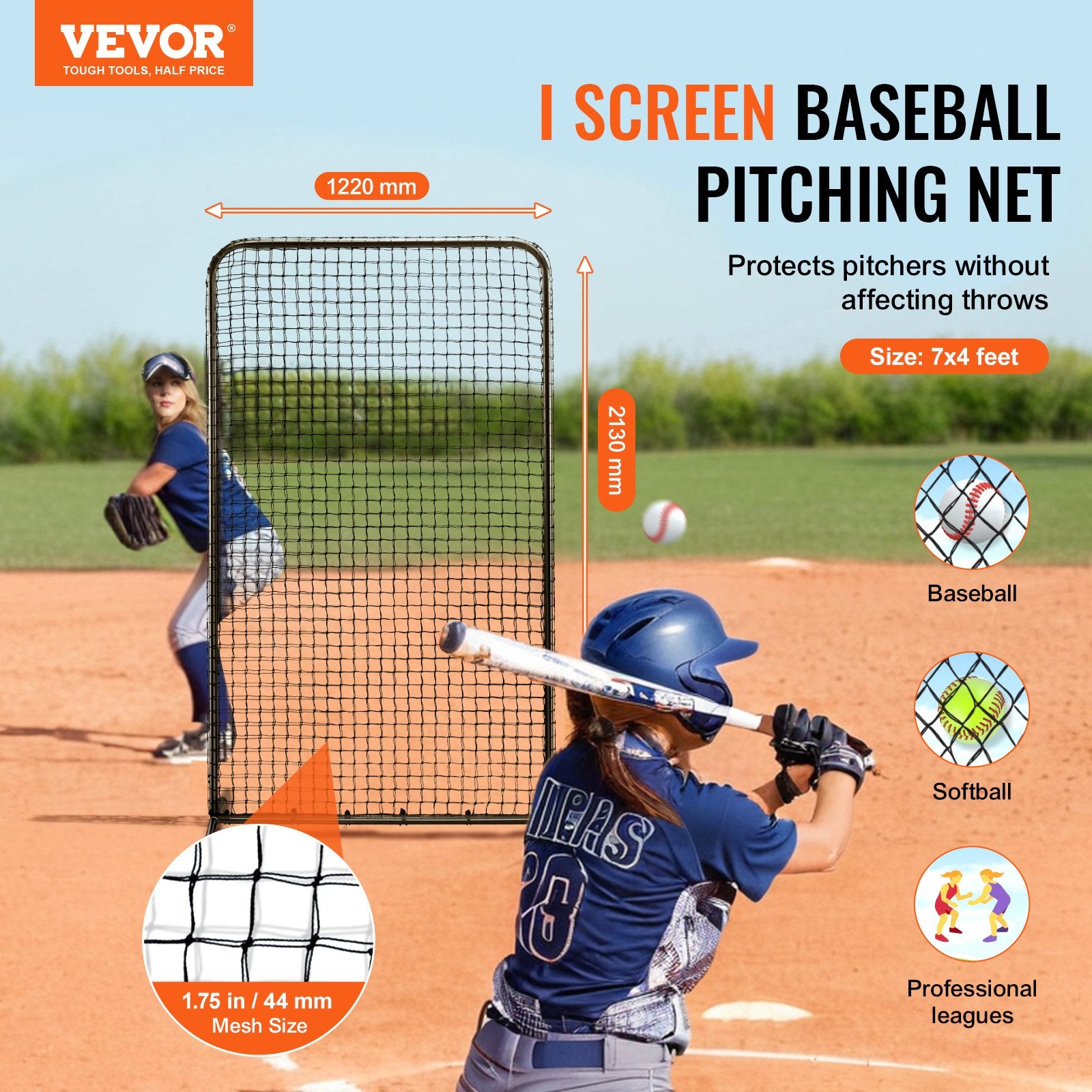 Netball & Netball Accessories: VEVOR I Screen Baseball for Batting Cage, 7x4 ft Baseball Softball Safety Screen, Body Protector Portable Batting Screen with Carry Bag & Ground Stakes, Heavy Duty Pitching Net for Pitchers Protection