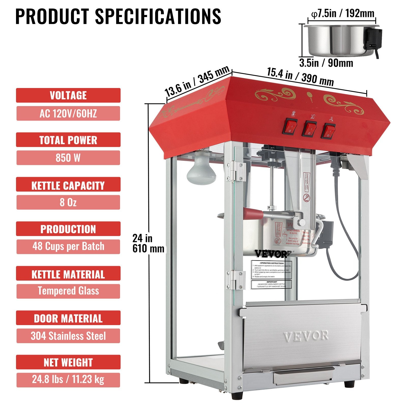 Gardening Tools: VEVOR Popcorn Popper Machine Countertop Popcorn Maker 850W 8 Oz 48 Cups Red