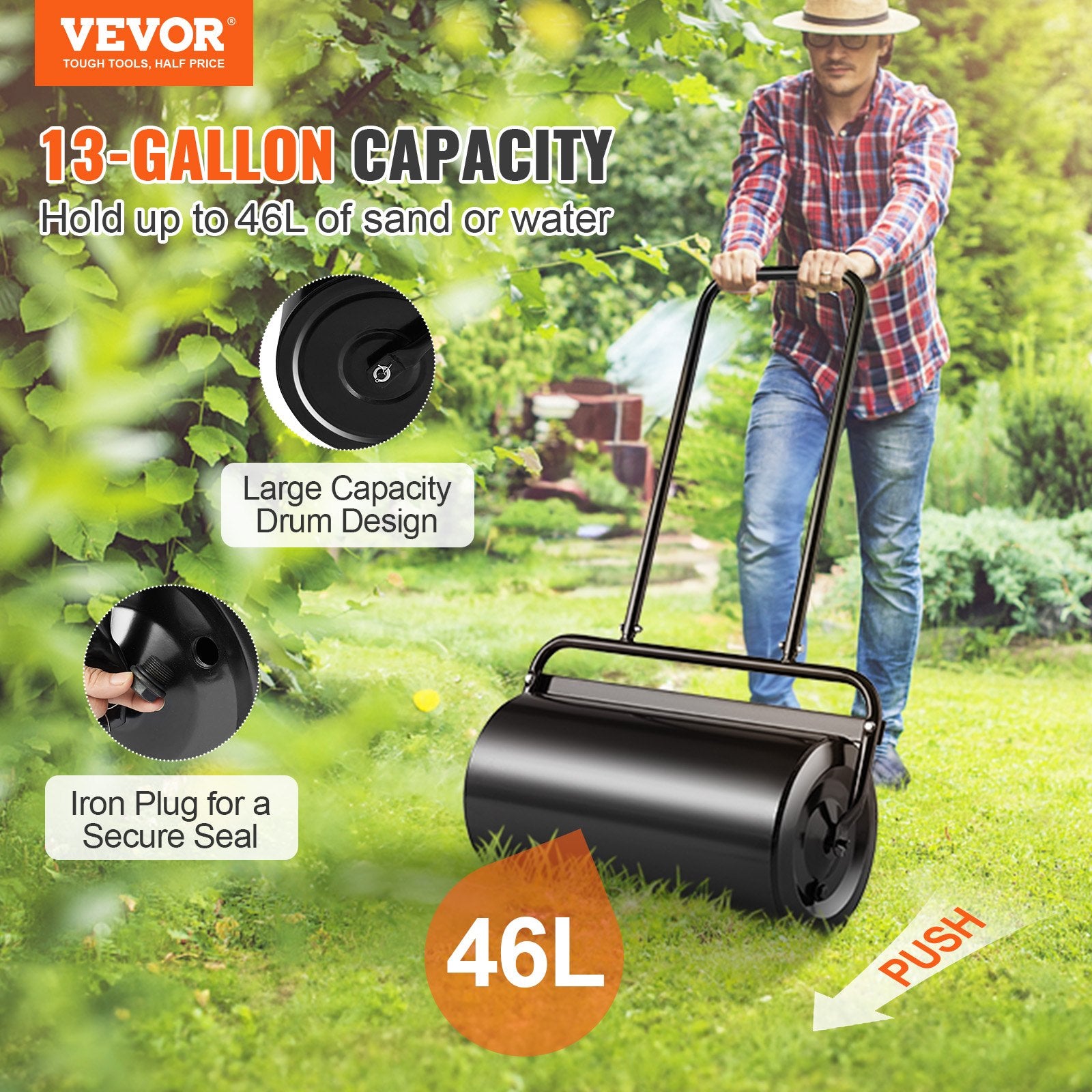 Gardening Tools: VEVOR Lawn Roller, 13 Gallon 24Inch Sand/Water Filled Yard Roller, Steel Sod Roller with Easy-turn Plug and U-Shaped Ergonomic Handle for Convenient Push and Pull, for Lawn, Garden, Farm, Park, Black