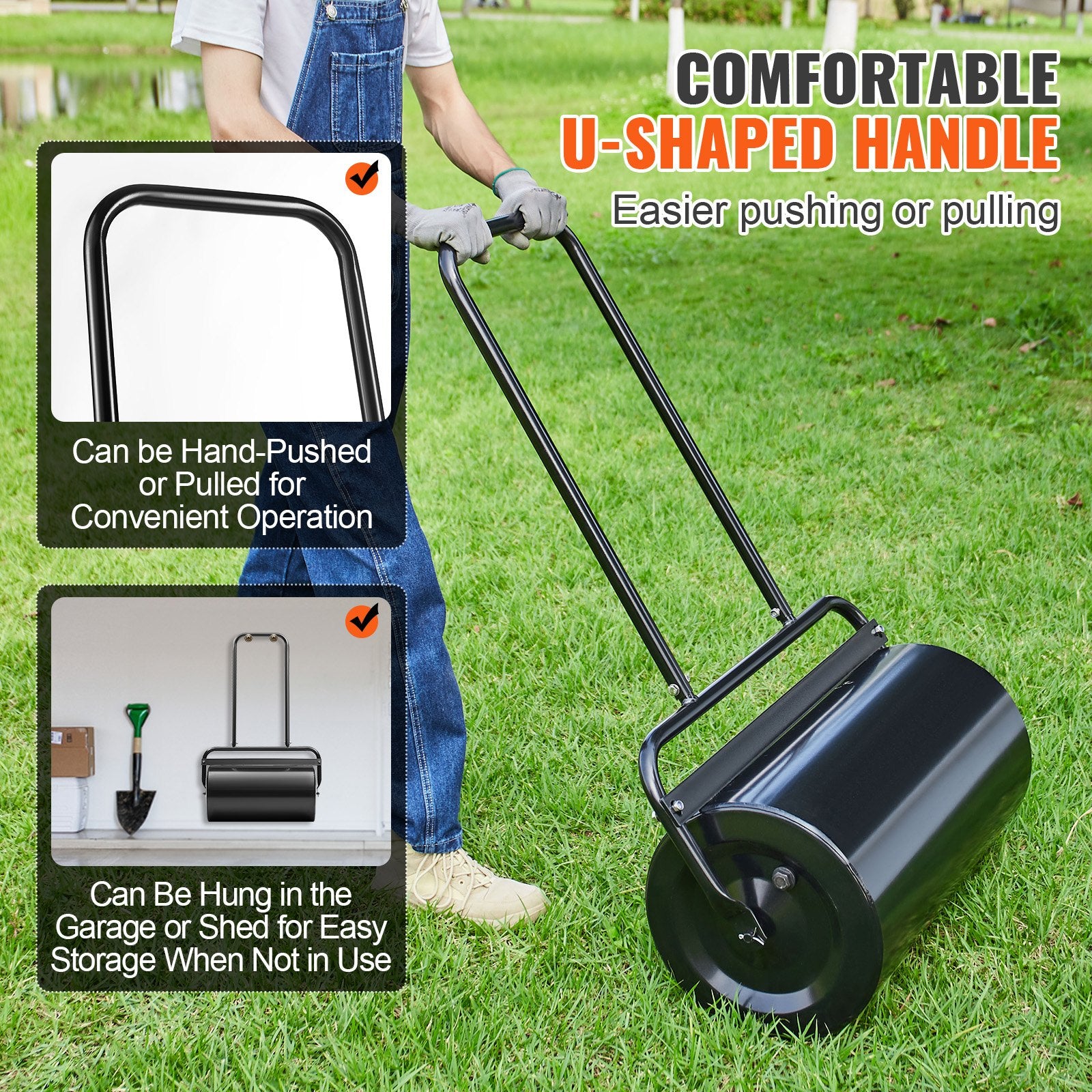 Gardening Tools: VEVOR Lawn Roller, 13 Gallon 24Inch Sand/Water Filled Yard Roller, Steel Sod Roller with Easy-turn Plug and U-Shaped Ergonomic Handle for Convenient Push and Pull, for Lawn, Garden, Farm, Park, Black