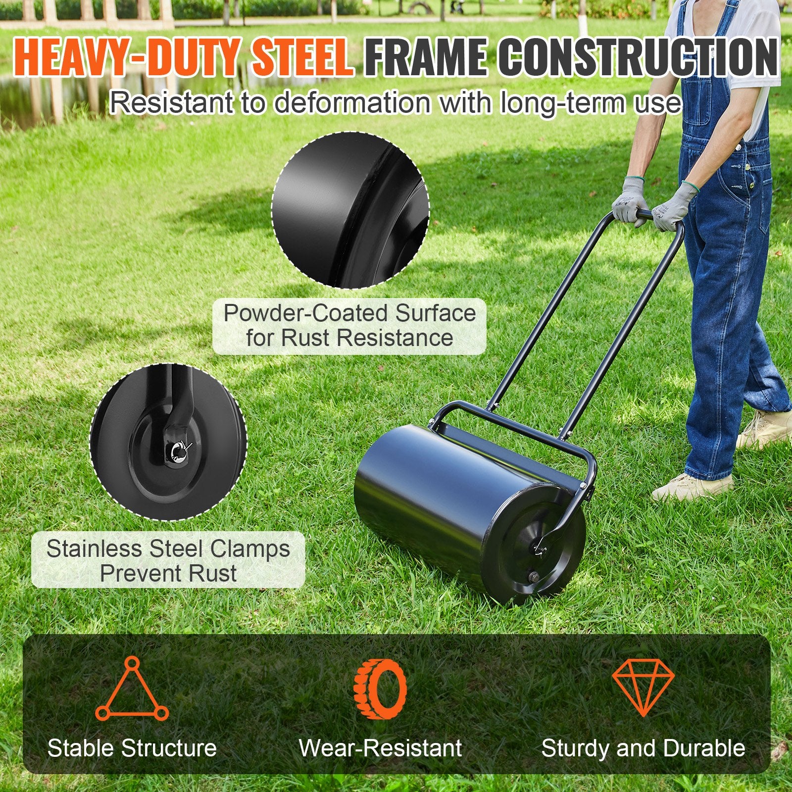Gardening Tools: VEVOR Lawn Roller, 13 Gallon 24Inch Sand/Water Filled Yard Roller, Steel Sod Roller with Easy-turn Plug and U-Shaped Ergonomic Handle for Convenient Push and Pull, for Lawn, Garden, Farm, Park, Black