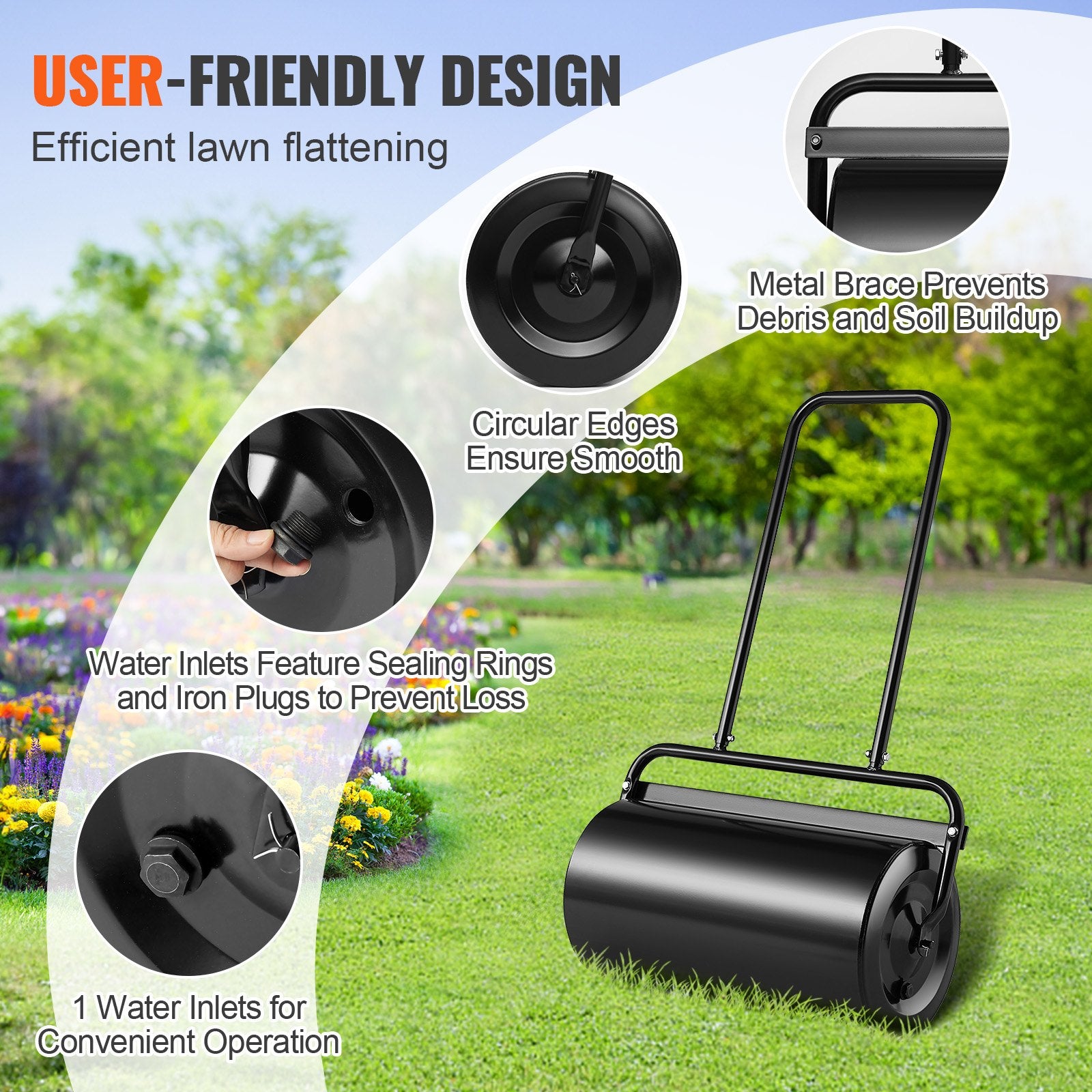 Gardening Tools: VEVOR Lawn Roller, 13 Gallon 24Inch Sand/Water Filled Yard Roller, Steel Sod Roller with Easy-turn Plug and U-Shaped Ergonomic Handle for Convenient Push and Pull, for Lawn, Garden, Farm, Park, Black