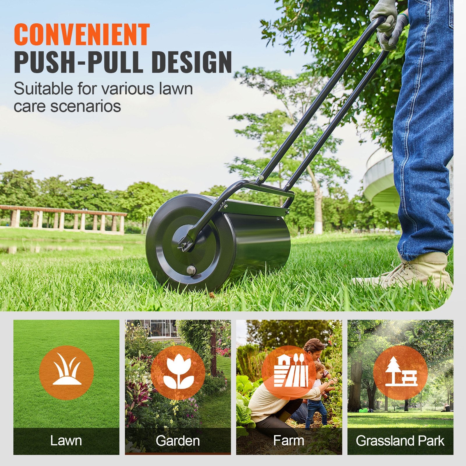 Gardening Tools: VEVOR Lawn Roller, 13 Gallon 24Inch Sand/Water Filled Yard Roller, Steel Sod Roller with Easy-turn Plug and U-Shaped Ergonomic Handle for Convenient Push and Pull, for Lawn, Garden, Farm, Park, Black