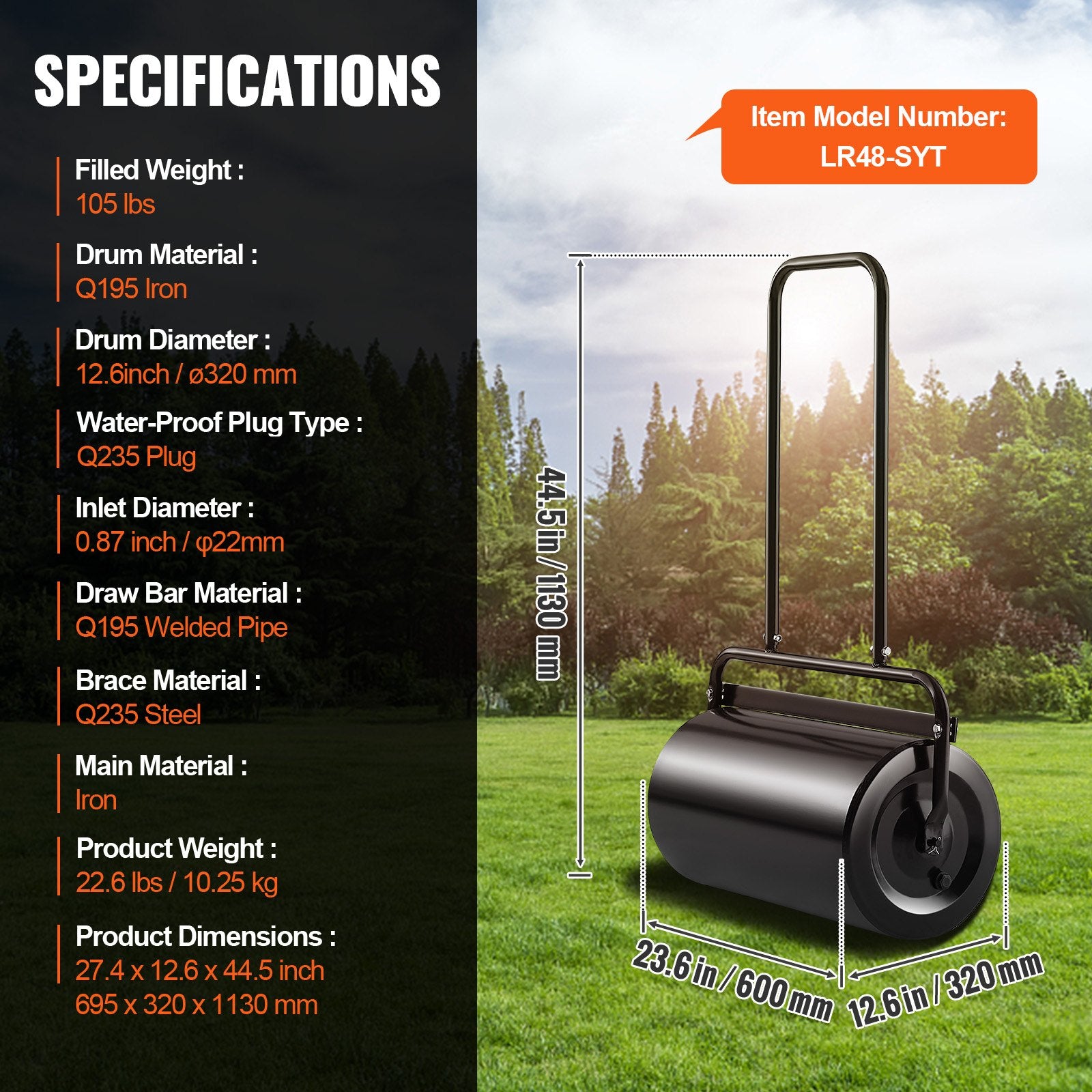 Gardening Tools: VEVOR Lawn Roller, 13 Gallon 24Inch Sand/Water Filled Yard Roller, Steel Sod Roller with Easy-turn Plug and U-Shaped Ergonomic Handle for Convenient Push and Pull, for Lawn, Garden, Farm, Park, Black