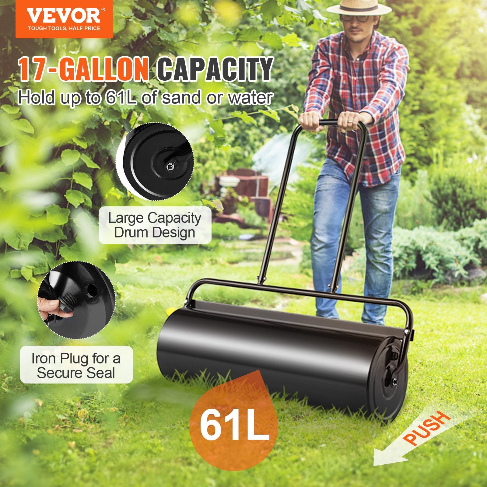 Gardening Tools: VEVOR Lawn Roller, 17 Gallon 36 Inch Sand/Water Filled Yard Roller, Steel Sod Roller with Easy-turn Plug and U-Shaped Ergonomic Handle for Convenient Push and Pull, for Lawn, Garden, Farm, Park, Black