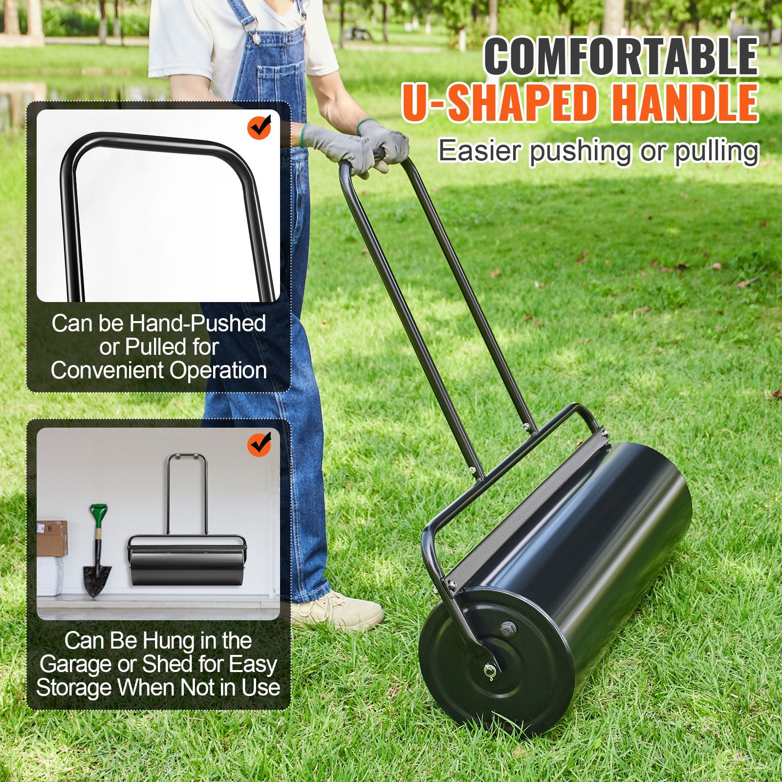 Gardening Tools: VEVOR Lawn Roller, 17 Gallon 36 Inch Sand/Water Filled Yard Roller, Steel Sod Roller with Easy-turn Plug and U-Shaped Ergonomic Handle for Convenient Push and Pull, for Lawn, Garden, Farm, Park, Black