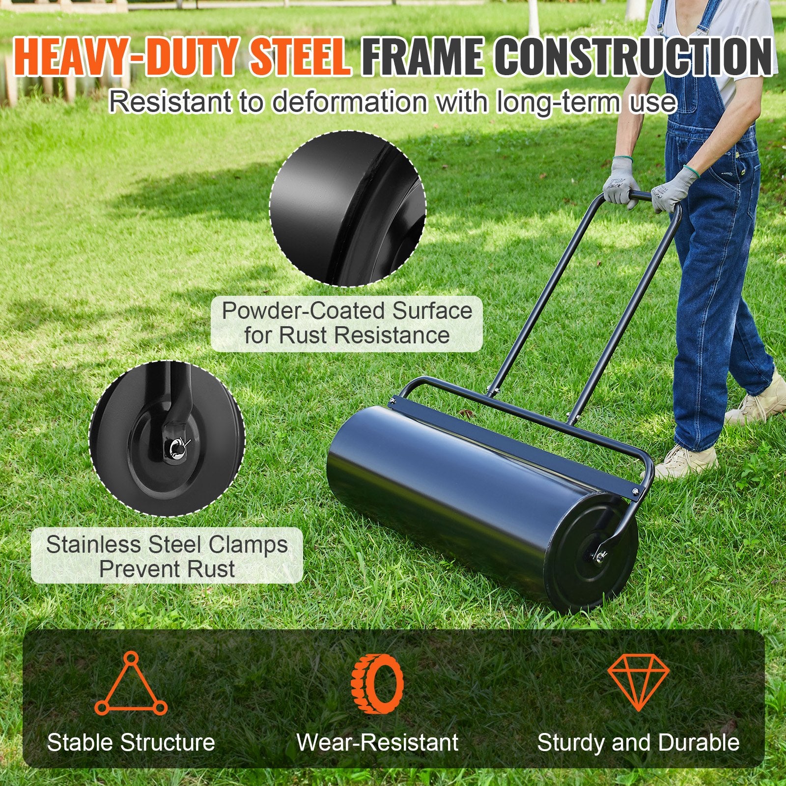 Gardening Tools: VEVOR Lawn Roller, 17 Gallon 36 Inch Sand/Water Filled Yard Roller, Steel Sod Roller with Easy-turn Plug and U-Shaped Ergonomic Handle for Convenient Push and Pull, for Lawn, Garden, Farm, Park, Black