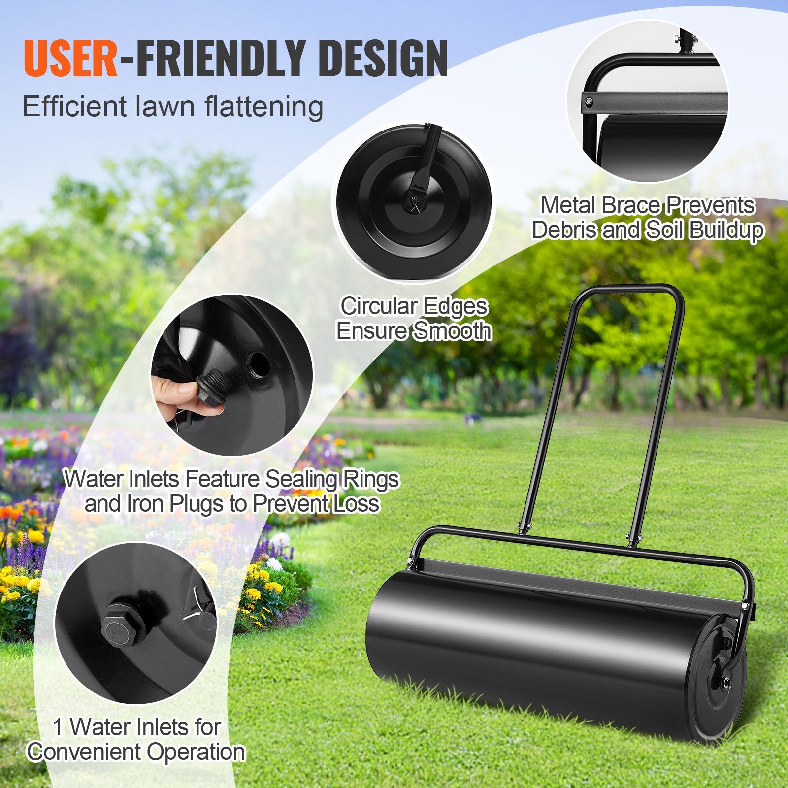 Gardening Tools: VEVOR Lawn Roller, 17 Gallon 36 Inch Sand/Water Filled Yard Roller, Steel Sod Roller with Easy-turn Plug and U-Shaped Ergonomic Handle for Convenient Push and Pull, for Lawn, Garden, Farm, Park, Black