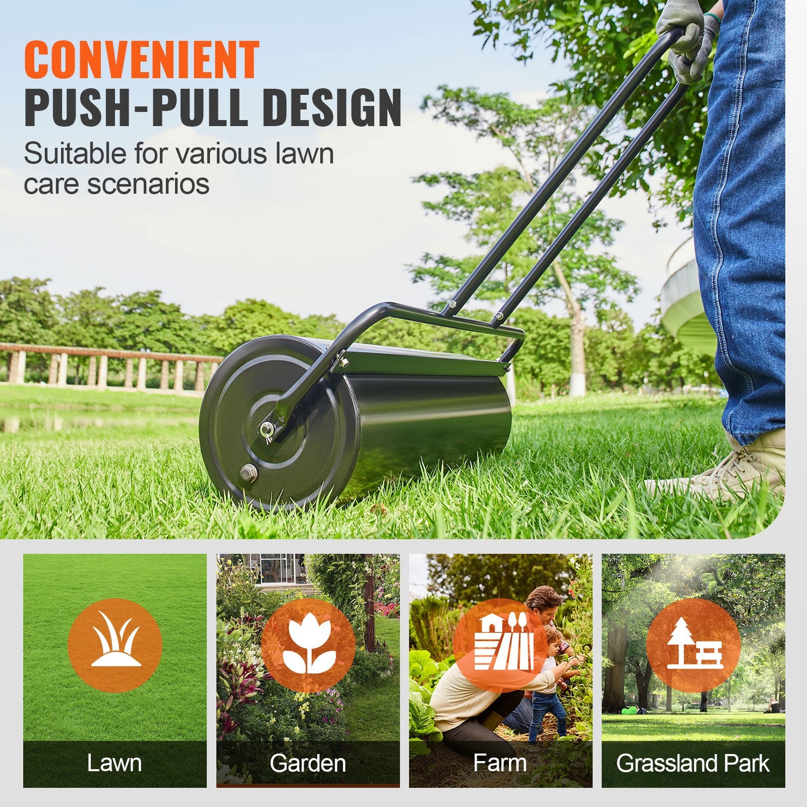 Gardening Tools: VEVOR Lawn Roller, 17 Gallon 36 Inch Sand/Water Filled Yard Roller, Steel Sod Roller with Easy-turn Plug and U-Shaped Ergonomic Handle for Convenient Push and Pull, for Lawn, Garden, Farm, Park, Black