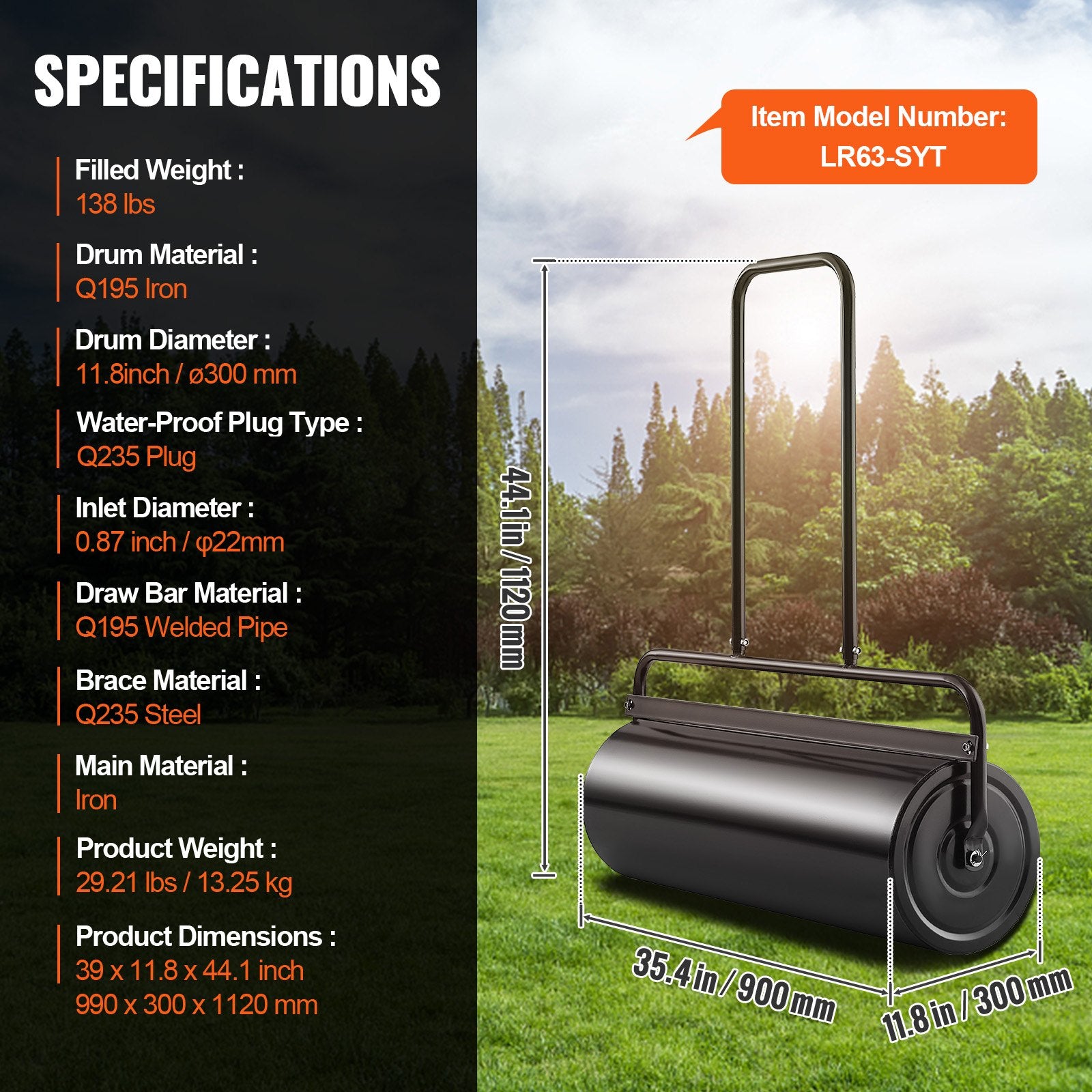Gardening Tools: VEVOR Lawn Roller, 17 Gallon 36 Inch Sand/Water Filled Yard Roller, Steel Sod Roller with Easy-turn Plug and U-Shaped Ergonomic Handle for Convenient Push and Pull, for Lawn, Garden, Farm, Park, Black