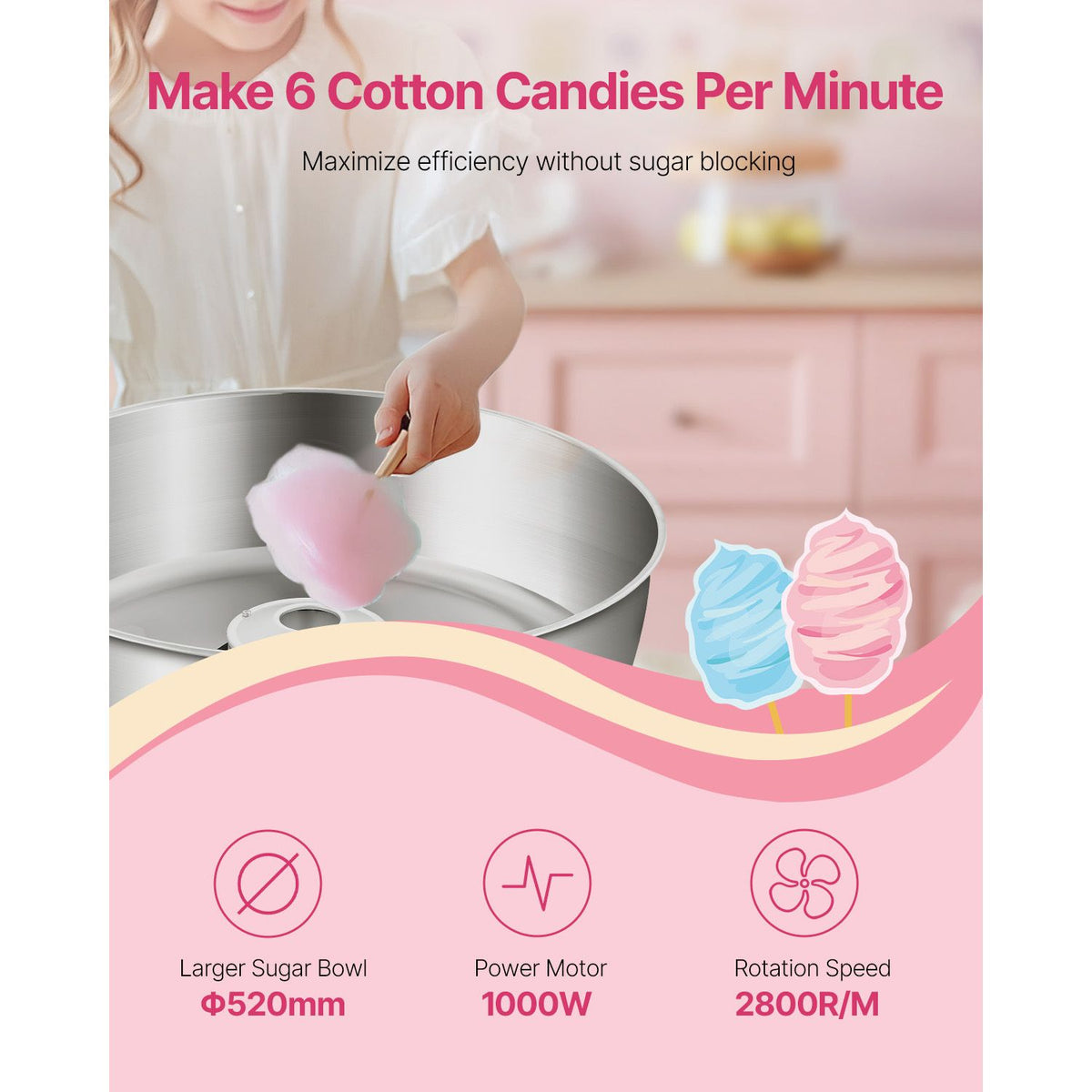 Electric Cotton Candy Machine, 1000W Commercial Candy Floss Maker with 52cm in Stainless Steel Bowl, Sugar Scoop, and Drawer, Easy Home Use, Perfect for Kids Birthday, Family Party, Blue
