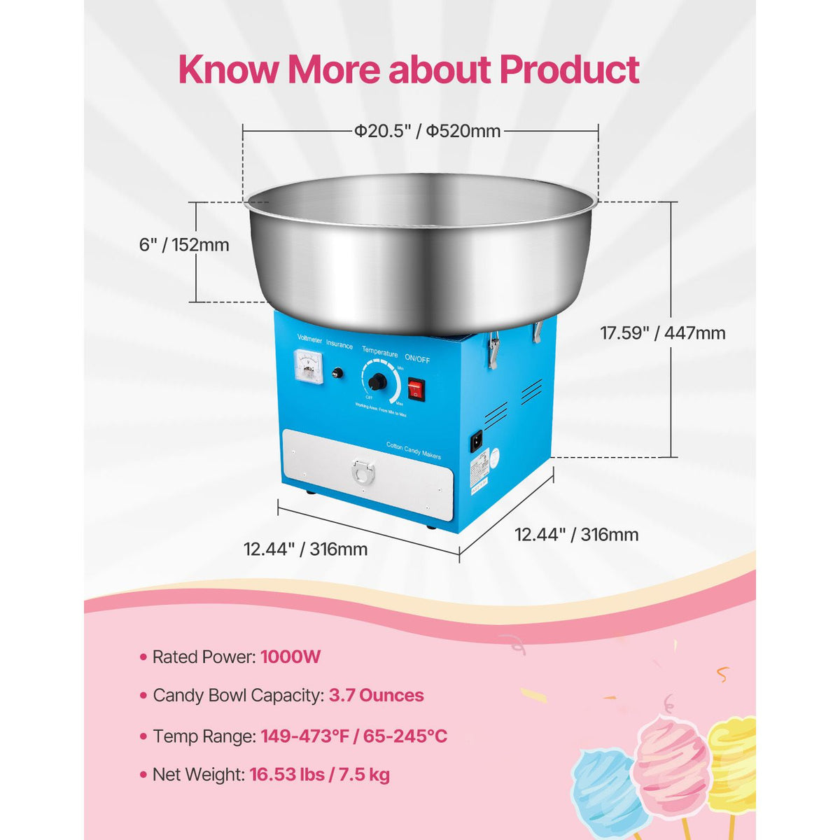 Electric Cotton Candy Machine, 1000W Commercial Candy Floss Maker with 52cm in Stainless Steel Bowl, Sugar Scoop, and Drawer, Easy Home Use, Perfect for Kids Birthday, Family Party, Blue
