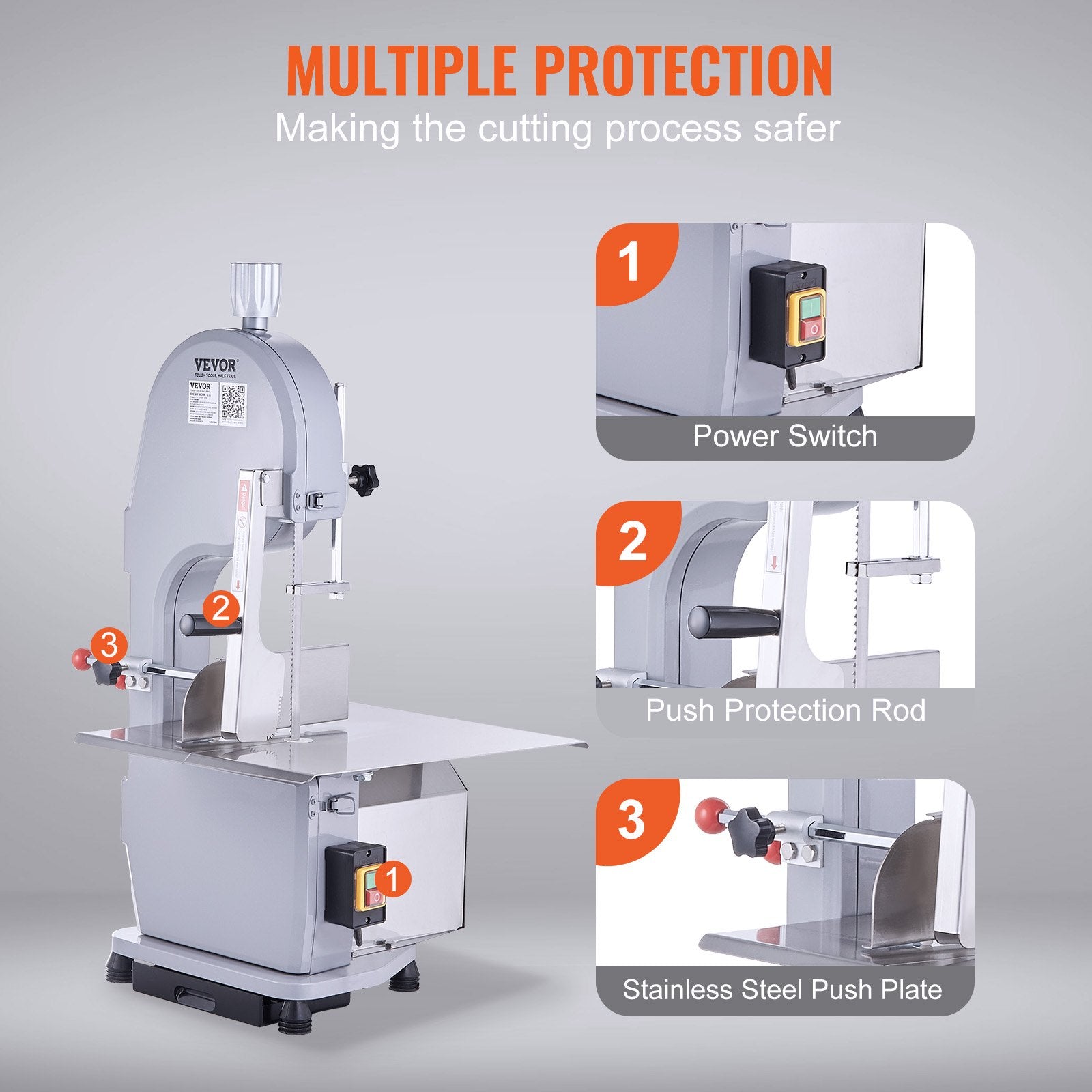 Commercial Electric Meat Bandsaw, 1500W Stainless Steel Countertop Bone Sawing Machine, Workbeach 19.3" x 15", 0.16-7.9 Inch Cutting Thickness, Frozen Meat Cutter with 6 Blades for Rib Pork Beef