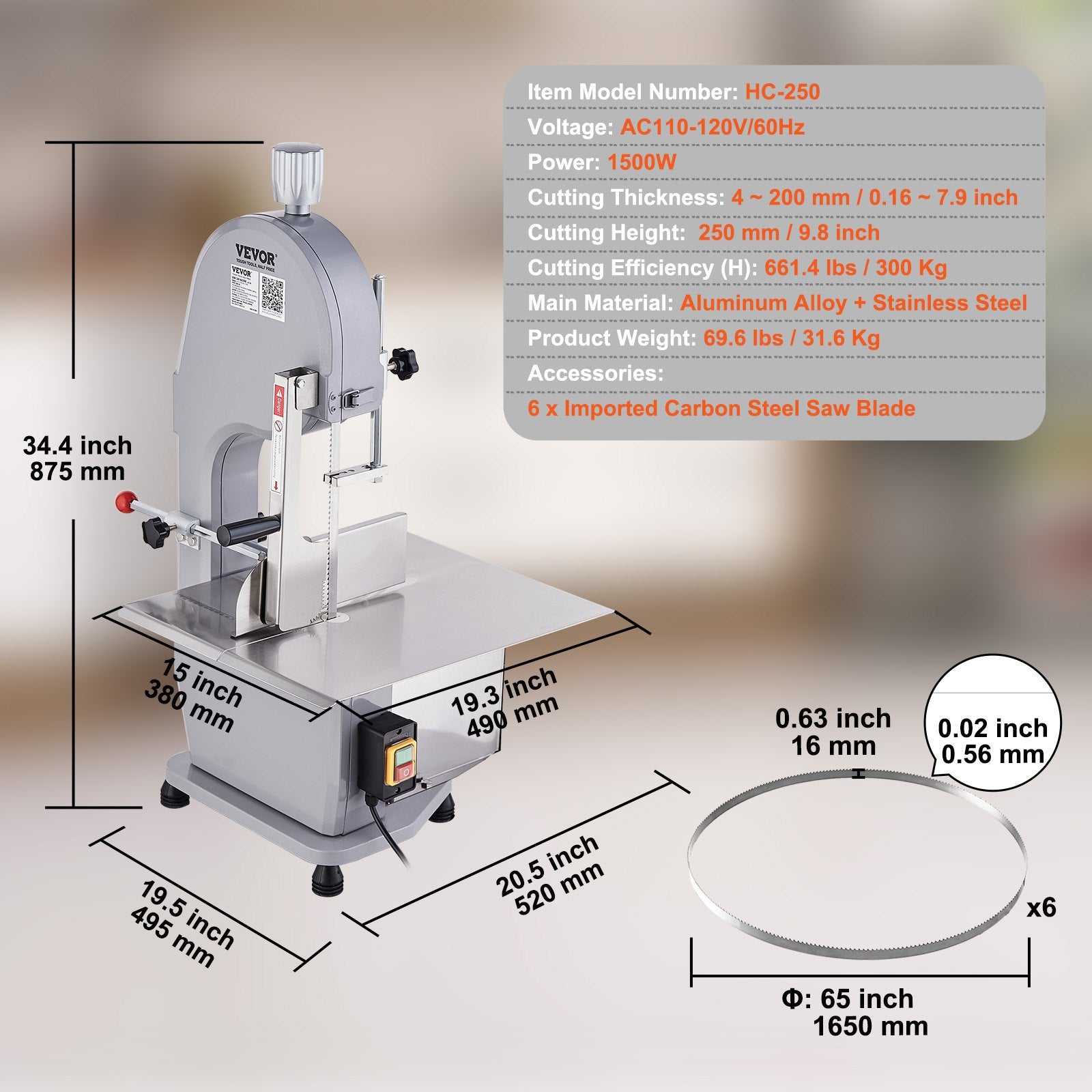 Commercial Electric Meat Bandsaw, 1500W Stainless Steel Countertop Bone Sawing Machine, Workbeach 19.3" x 15", 0.16-7.9 Inch Cutting Thickness, Frozen Meat Cutter with 6 Blades for Rib Pork Beef