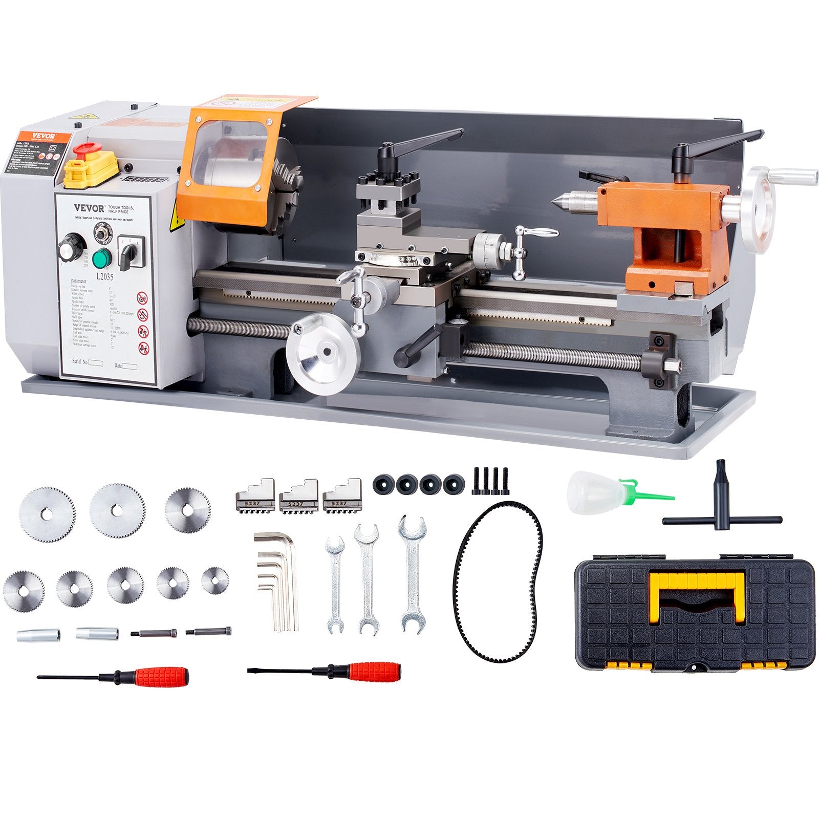 Metal Lathe Machine, 200 mm x 350 mm, Precision Benchtop Power Metal Lathe, 50-2500 RPM Continuously Variable Speed, 600W Brush Motor Metal Gears, with Tool Box for Processing Precision Parts