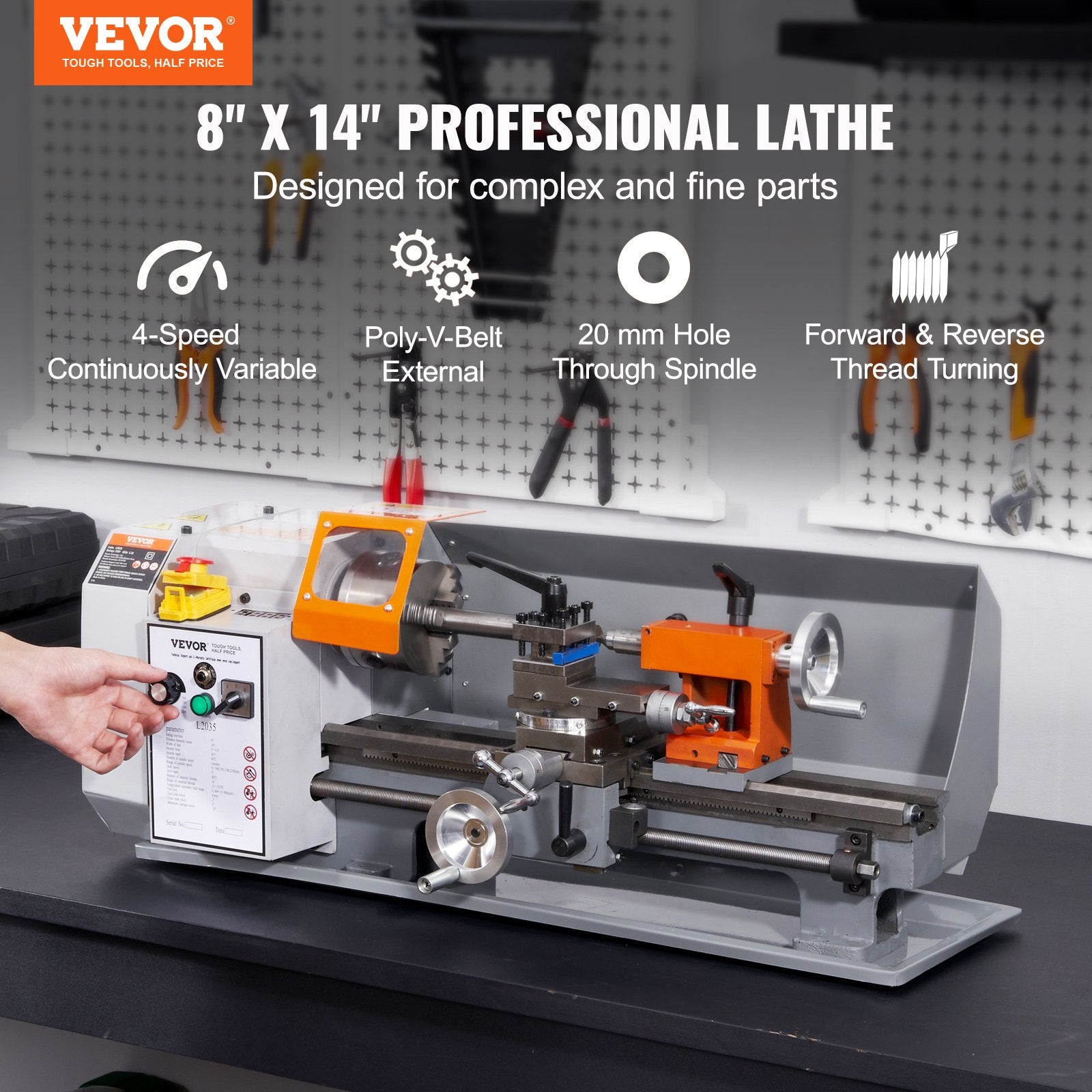 Metal Lathe Machine, 200 mm x 350 mm, Precision Benchtop Power Metal Lathe, 50-2500 RPM Continuously Variable Speed, 600W Brush Motor Metal Gears, with Tool Box for Processing Precision Parts
