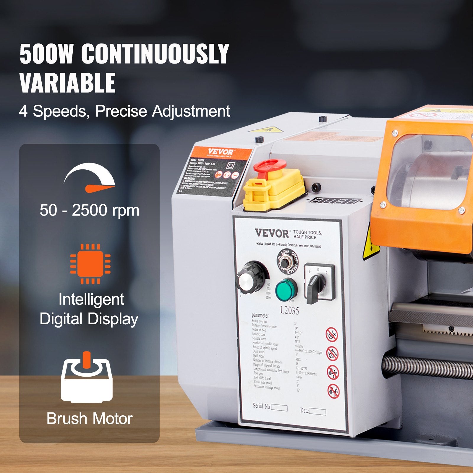 Metal Lathe Machine, 200 mm x 350 mm, Precision Benchtop Power Metal Lathe, 50-2500 RPM Continuously Variable Speed, 600W Brush Motor Metal Gears, with Tool Box for Processing Precision Parts