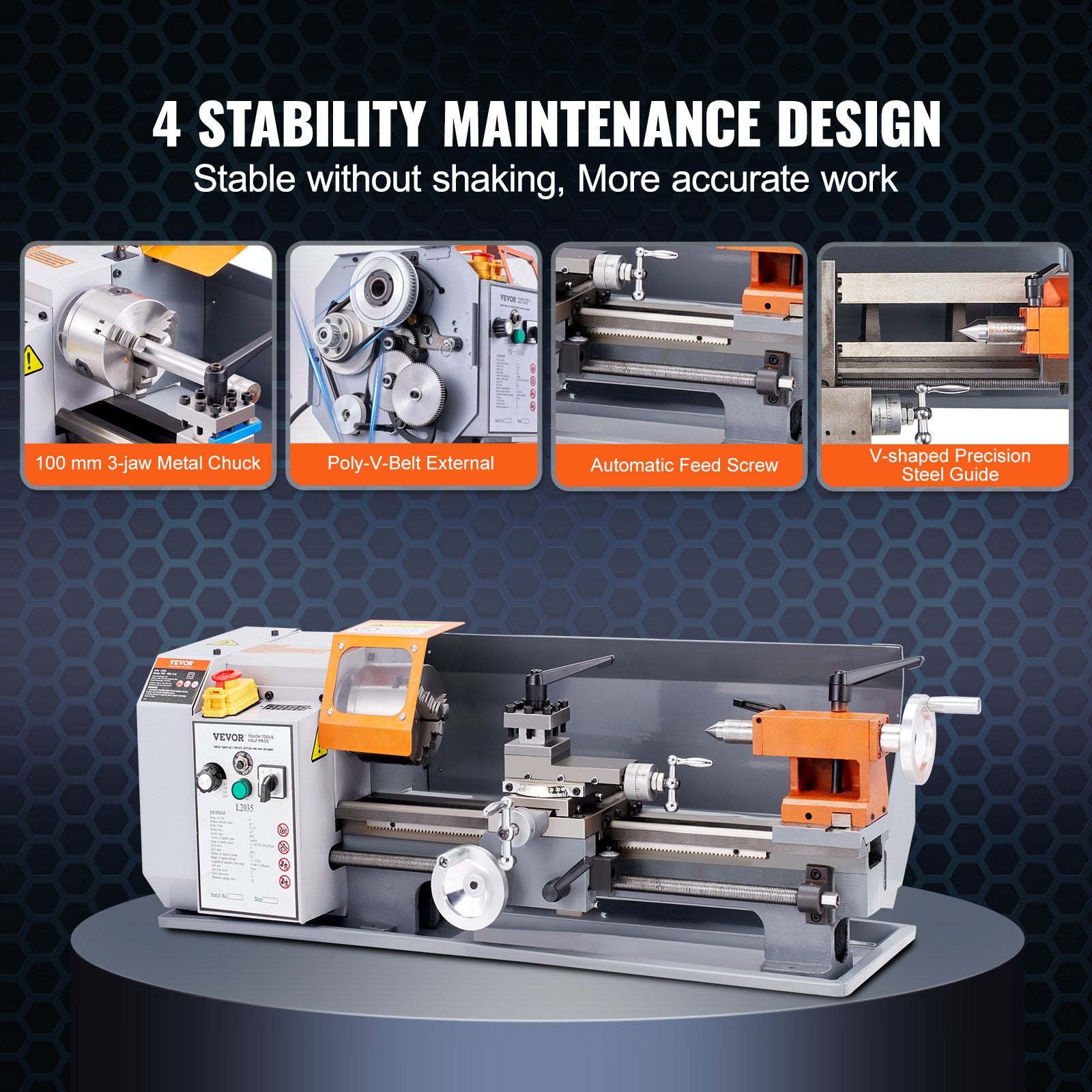 Metal Lathe Machine, 200 mm x 350 mm, Precision Benchtop Power Metal Lathe, 50-2500 RPM Continuously Variable Speed, 600W Brush Motor Metal Gears, with Tool Box for Processing Precision Parts