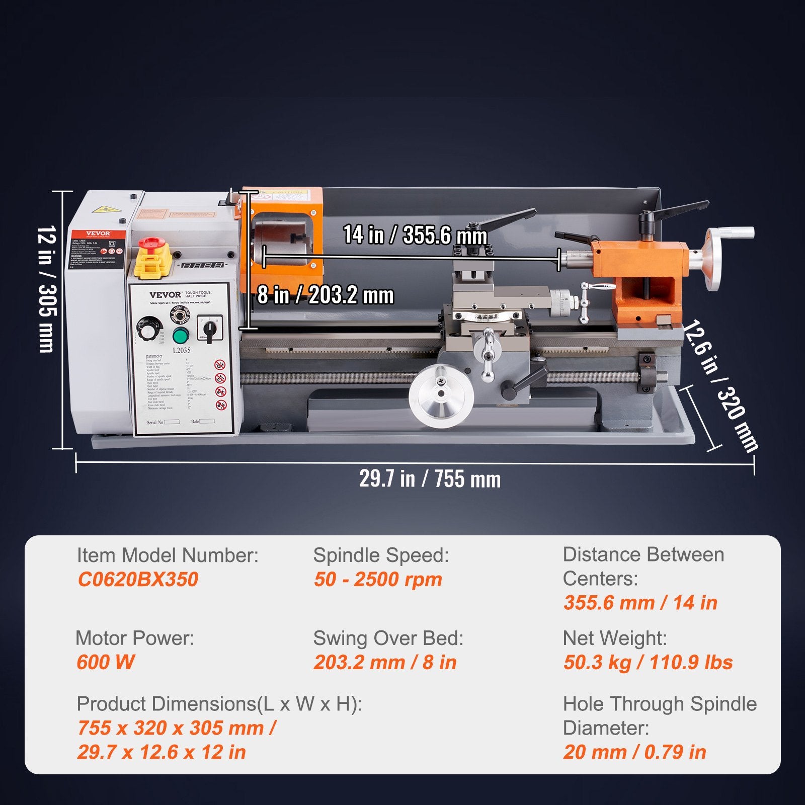 Metal Lathe Machine, 200 mm x 350 mm, Precision Benchtop Power Metal Lathe, 50-2500 RPM Continuously Variable Speed, 600W Brush Motor Metal Gears, with Tool Box for Processing Precision Parts