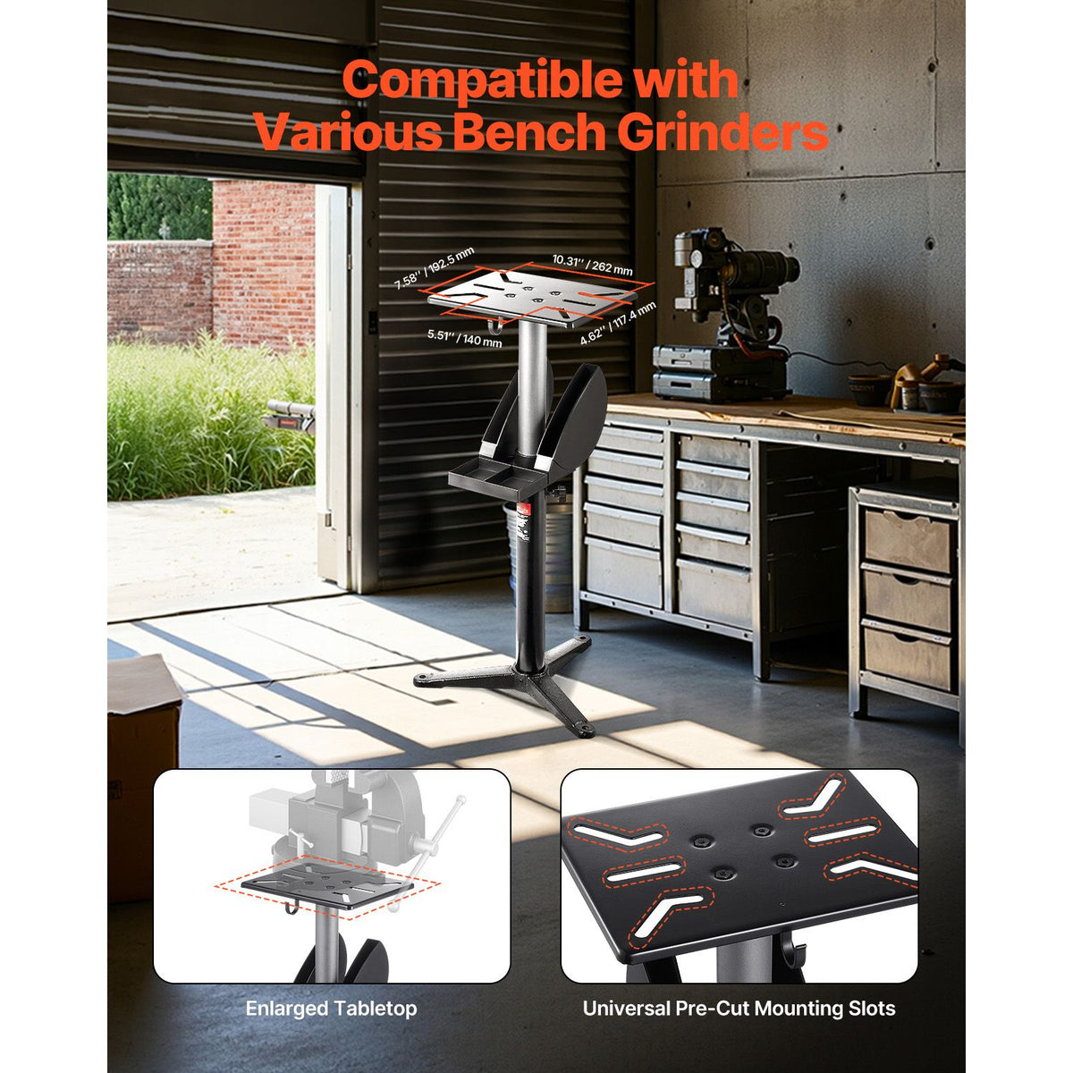 Bench Grinder Stand, Bench Grinder Vise Floor Pedestal with 31.5 x 25.4 cm Mounting Plate, Height-Adjustable Pedestal Stand with Grinding Wheel Storage Compartment & Heavy-Duty Cast Iron Base