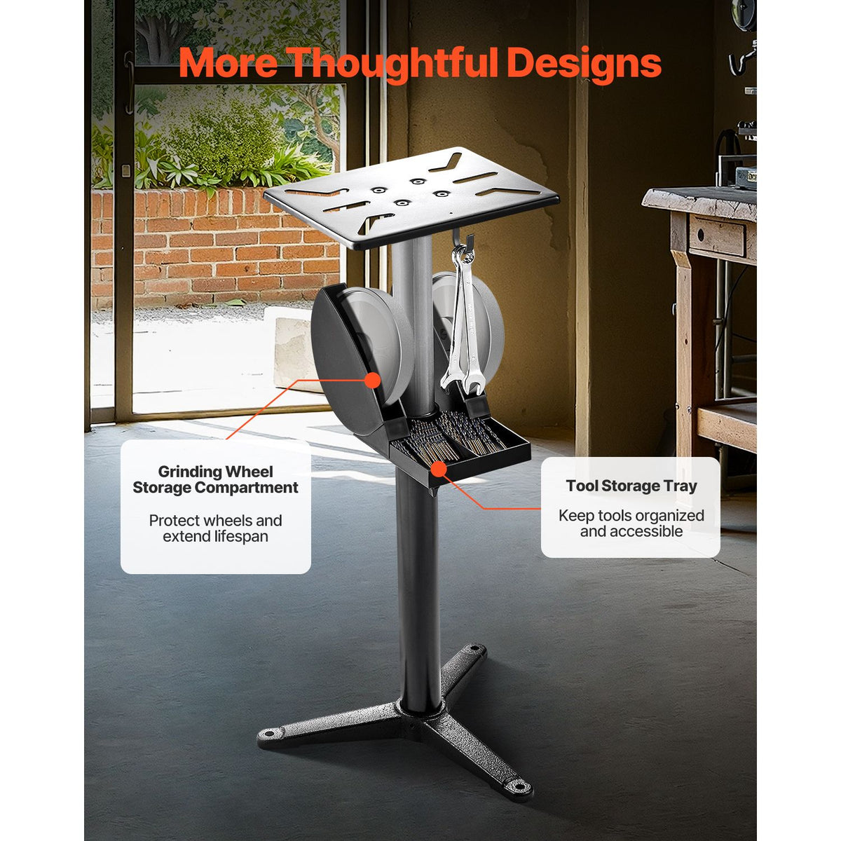 Bench Grinder Stand, Bench Grinder Vise Floor Pedestal with 31.5 x 25.4 cm Mounting Plate, Height-Adjustable Pedestal Stand with Grinding Wheel Storage Compartment & Heavy-Duty Cast Iron Base