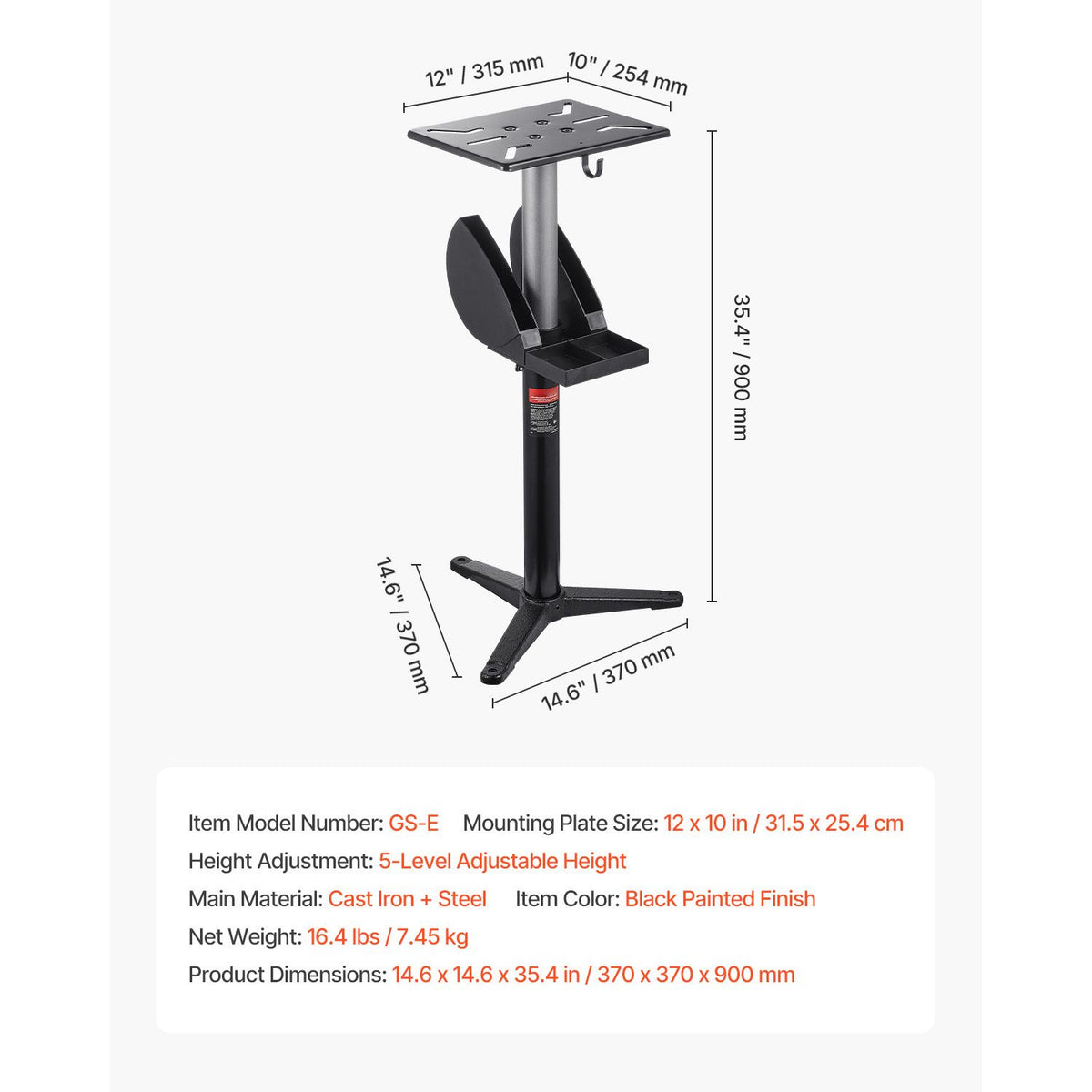 Bench Grinder Stand, Bench Grinder Vise Floor Pedestal with 31.5 x 25.4 cm Mounting Plate, Height-Adjustable Pedestal Stand with Grinding Wheel Storage Compartment & Heavy-Duty Cast Iron Base