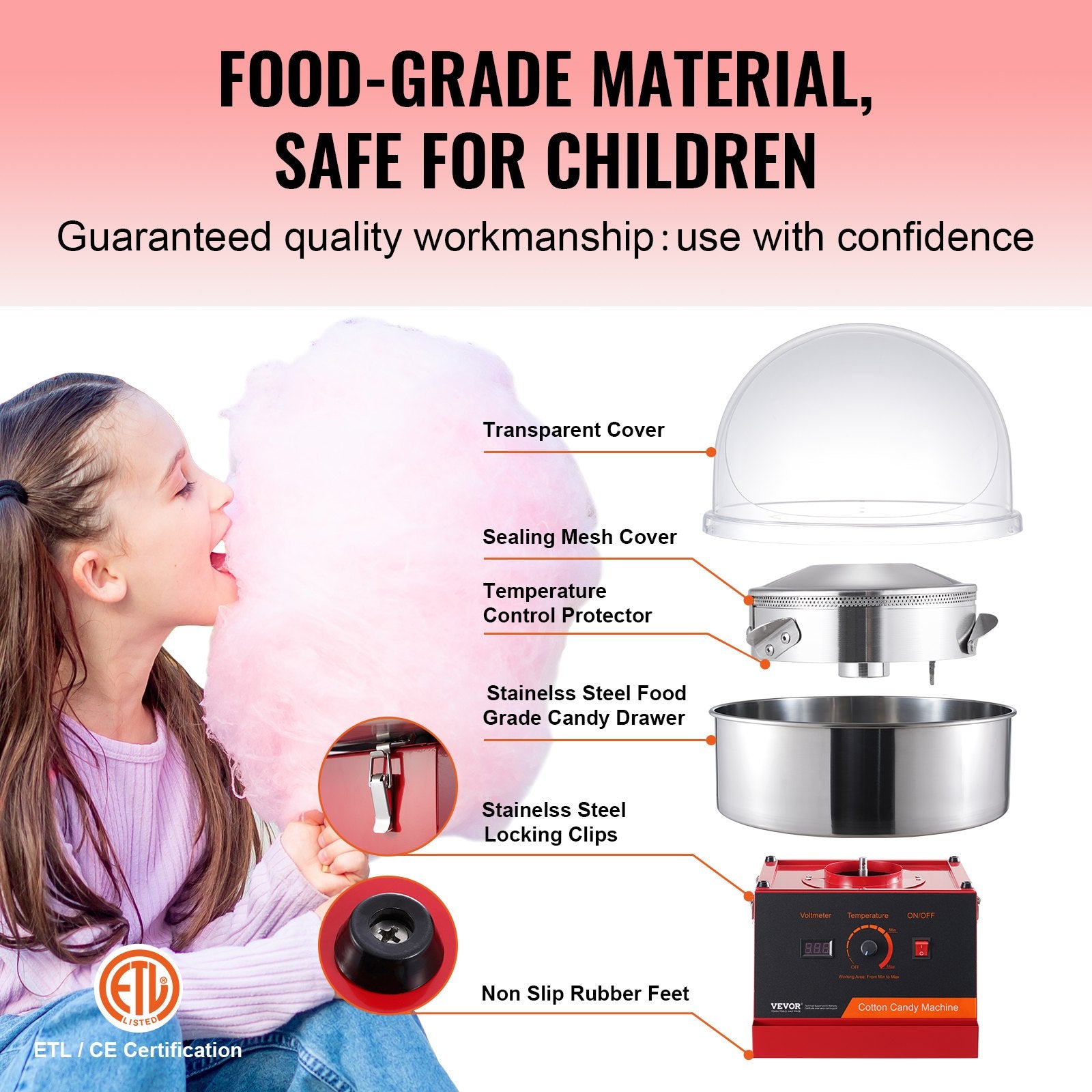 Food Storage: VEVOR Electric Cotton Candy Machine, 1000W Candy Floss Maker, Commercial Cotton Candy Machine with Cover, Stainless Steel Bowl, and Sugar Scoop, Perfect for Home Kids Birthday, Family Party (Red)
