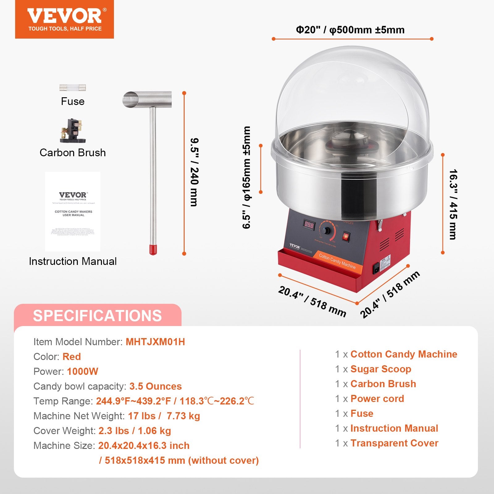 Food Storage: VEVOR Electric Cotton Candy Machine, 1000W Candy Floss Maker, Commercial Cotton Candy Machine with Cover, Stainless Steel Bowl, and Sugar Scoop, Perfect for Home Kids Birthday, Family Party (Red)
