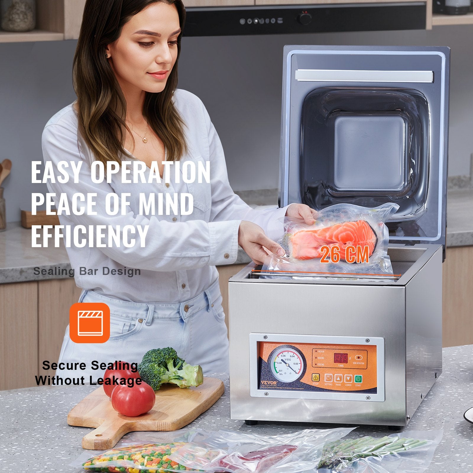 Food Storage: VEVOR Chamber Vacuum Sealer, 260W Sealing Power, Vacuum Packing Machine for Wet Foods, Meats, Marinades and More, Compact Size with 260 mm Sealing Length, Applied in Home Kitchen and Commercial Use