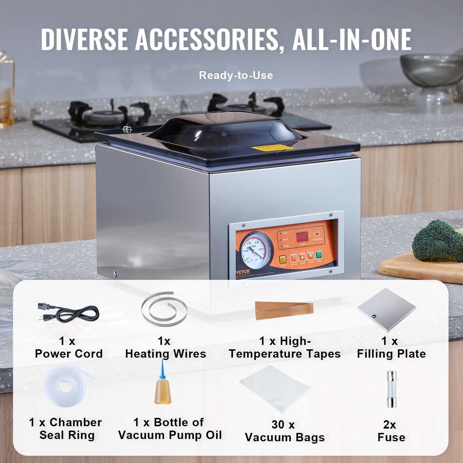 Food Storage: VEVOR Chamber Vacuum Sealer, 260W Sealing Power, Vacuum Packing Machine for Wet Foods, Meats, Marinades and More, Compact Size with 260 mm Sealing Length, Applied in Home Kitchen and Commercial Use