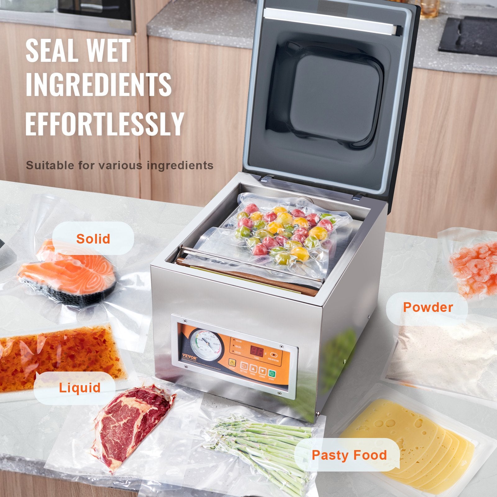 Food Storage: VEVOR Chamber Vacuum Sealer, 260W Sealing Power, Vacuum Packing Machine for Wet Foods, Meats, Marinades and More, Compact Size with 260 mm Sealing Length, Applied in Home Kitchen and Commercial Use