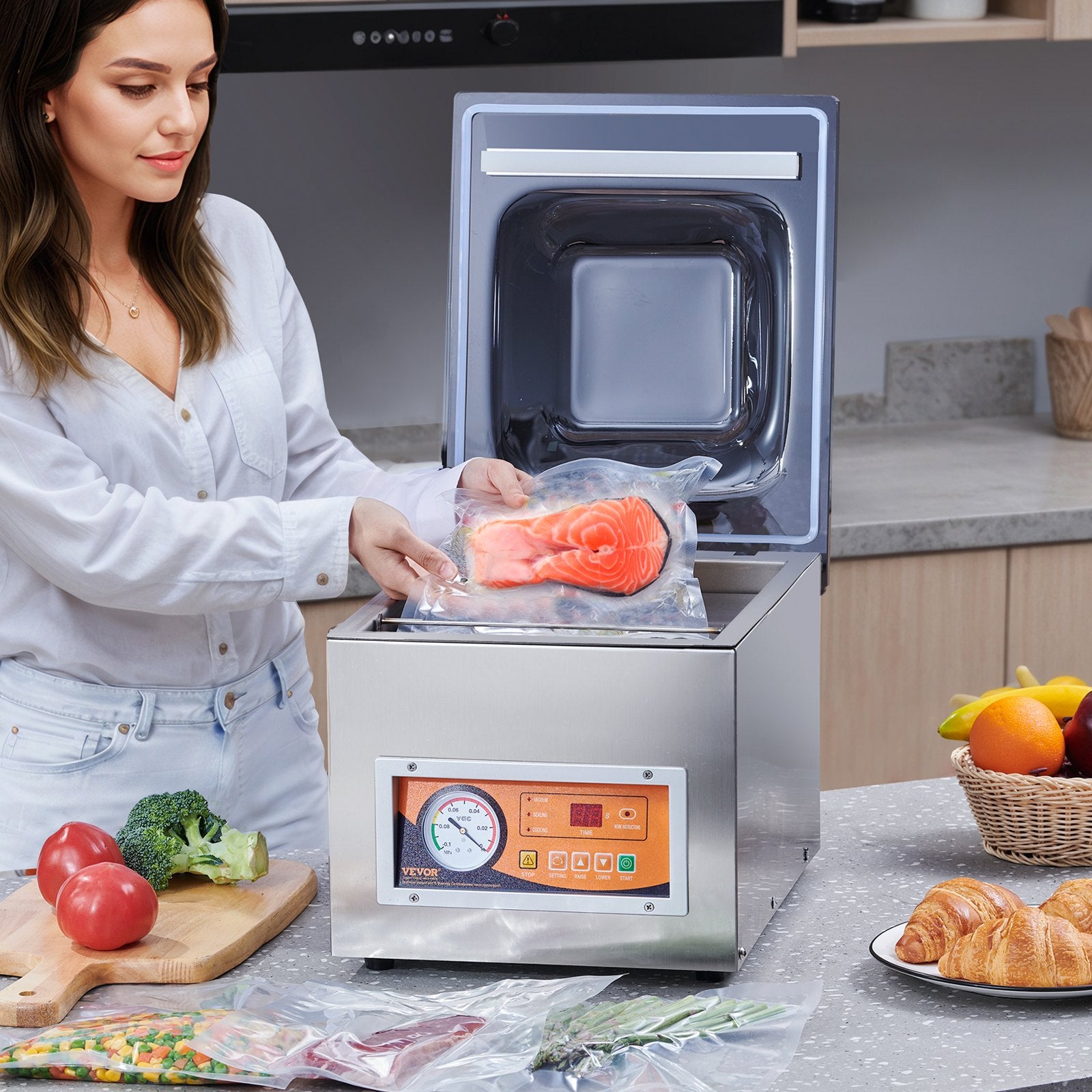 Food Storage: VEVOR Chamber Vacuum Sealer, 260W Sealing Power, Vacuum Packing Machine for Wet Foods, Meats, Marinades and More, Compact Size with 260 mm Sealing Length, Applied in Home Kitchen and Commercial Use