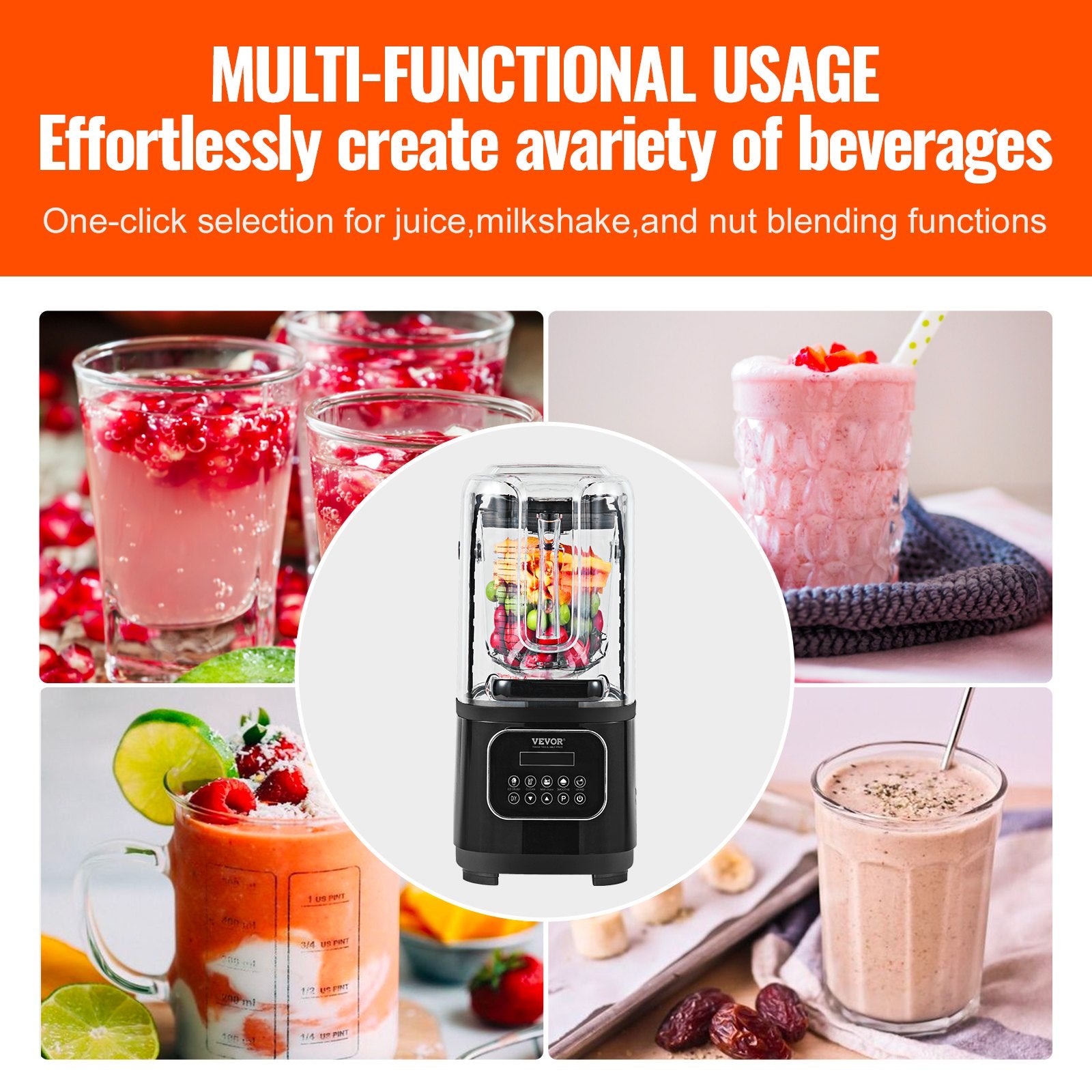 Professional Blender with Shield, Commercial Countertop Blenders, 2L Jar Blender Combo, Stainless Steel 9 Speed & 5 Functions Blender, for Shakes, Smoothies, Peree, and Crush Ice, Black