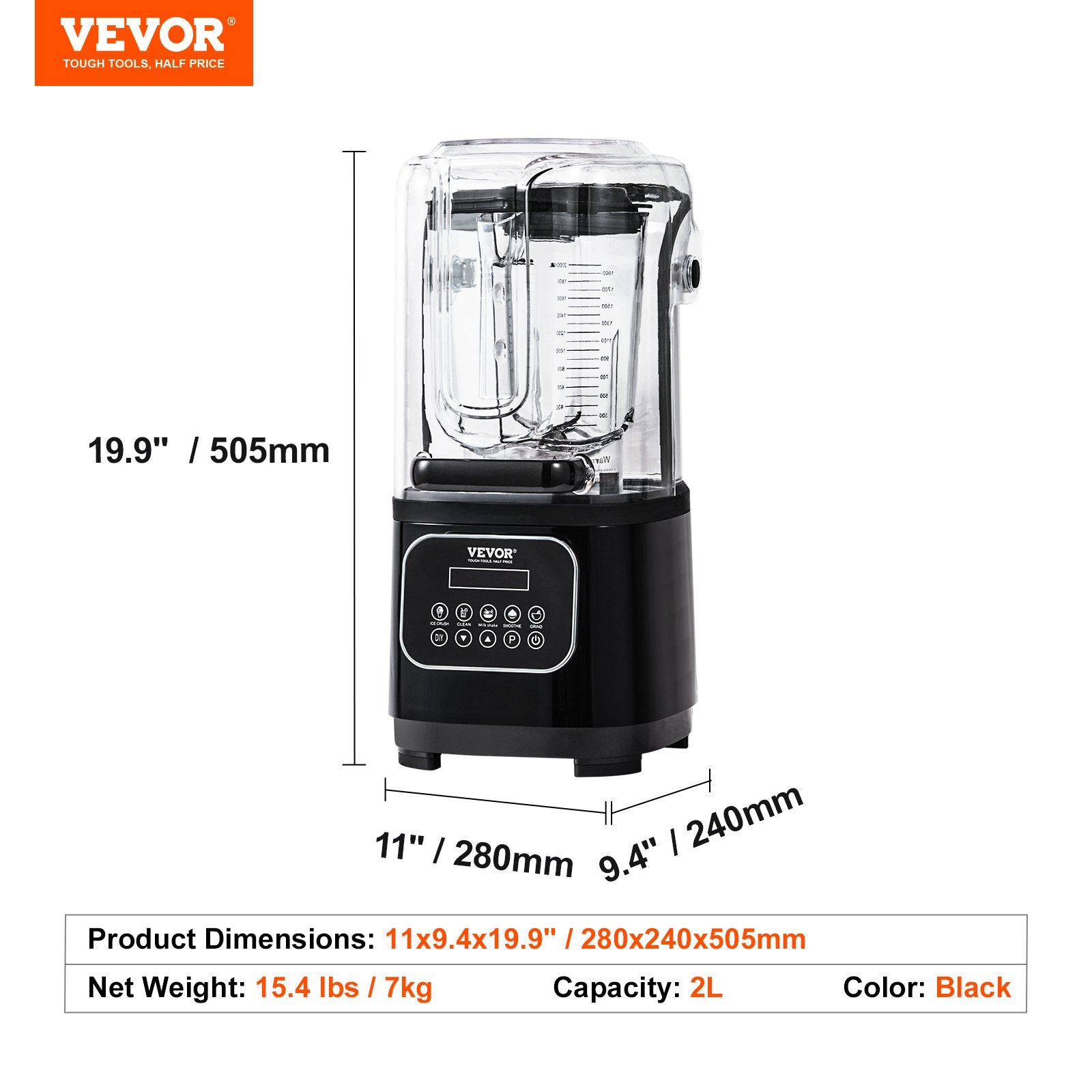 Professional Blender with Shield, Commercial Countertop Blenders, 2L Jar Blender Combo, Stainless Steel 9 Speed & 5 Functions Blender, for Shakes, Smoothies, Peree, and Crush Ice, Black
