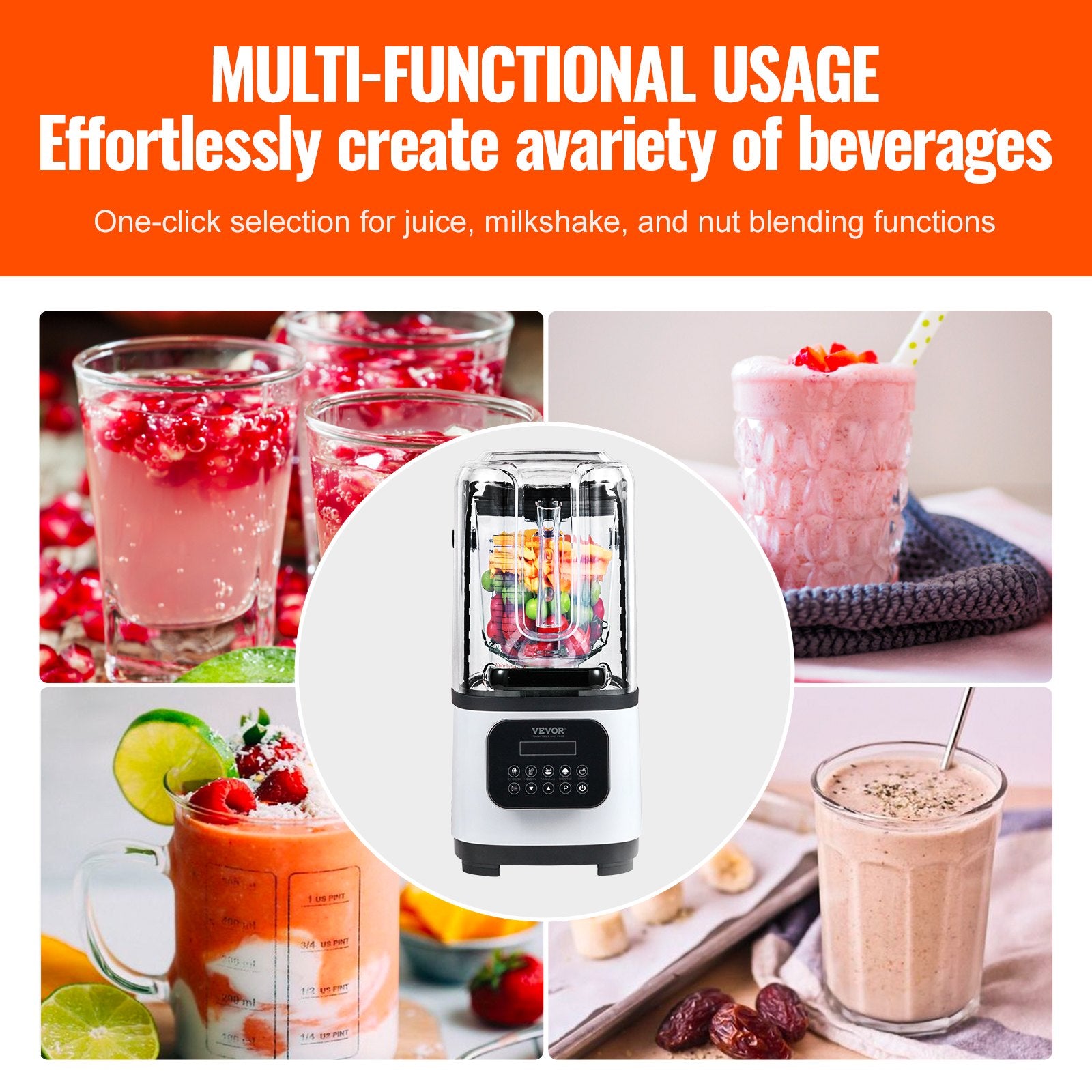 Kitchen Utensils: VEVOR Professional Blender with Shield, Commercial Countertop Blenders, 2L Jar Blender Combo, Stainless Steel 9 Speed & 5 Functions Blender, for Shakes, Smoothies, Peree, and Crush Ice, White