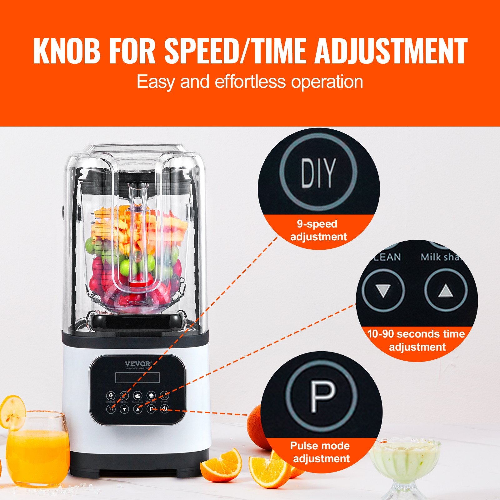 Kitchen Utensils: VEVOR Professional Blender with Shield, Commercial Countertop Blenders, 2L Jar Blender Combo, Stainless Steel 9 Speed & 5 Functions Blender, for Shakes, Smoothies, Peree, and Crush Ice, White