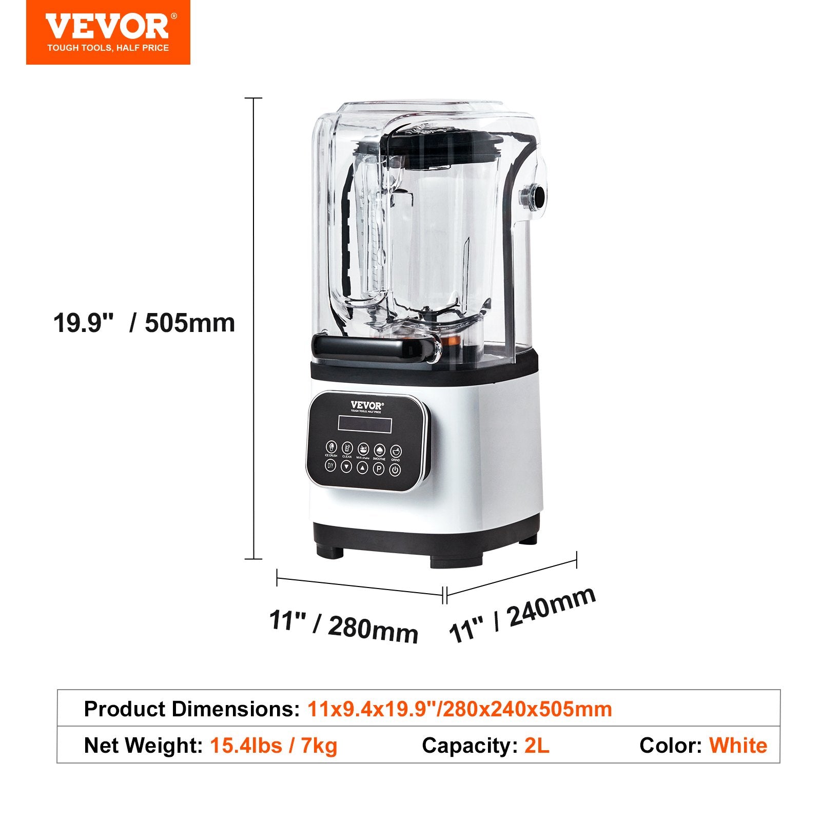 Kitchen Utensils: VEVOR Professional Blender with Shield, Commercial Countertop Blenders, 2L Jar Blender Combo, Stainless Steel 9 Speed & 5 Functions Blender, for Shakes, Smoothies, Peree, and Crush Ice, White