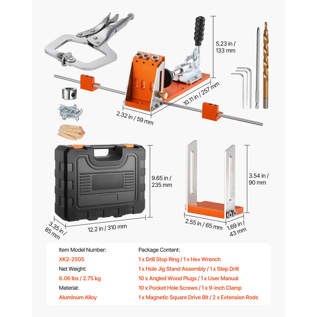 Pocket Hole Jig Kit, 12.7 to 38.1 mm Adjustable, Jig Pocket Hole System with Toolcase, C-Clamp, Step Drill, Hex Wrench, Drill Stop Ring, Square Drive Bit, Reinforced Metal Frame, for Woodworking