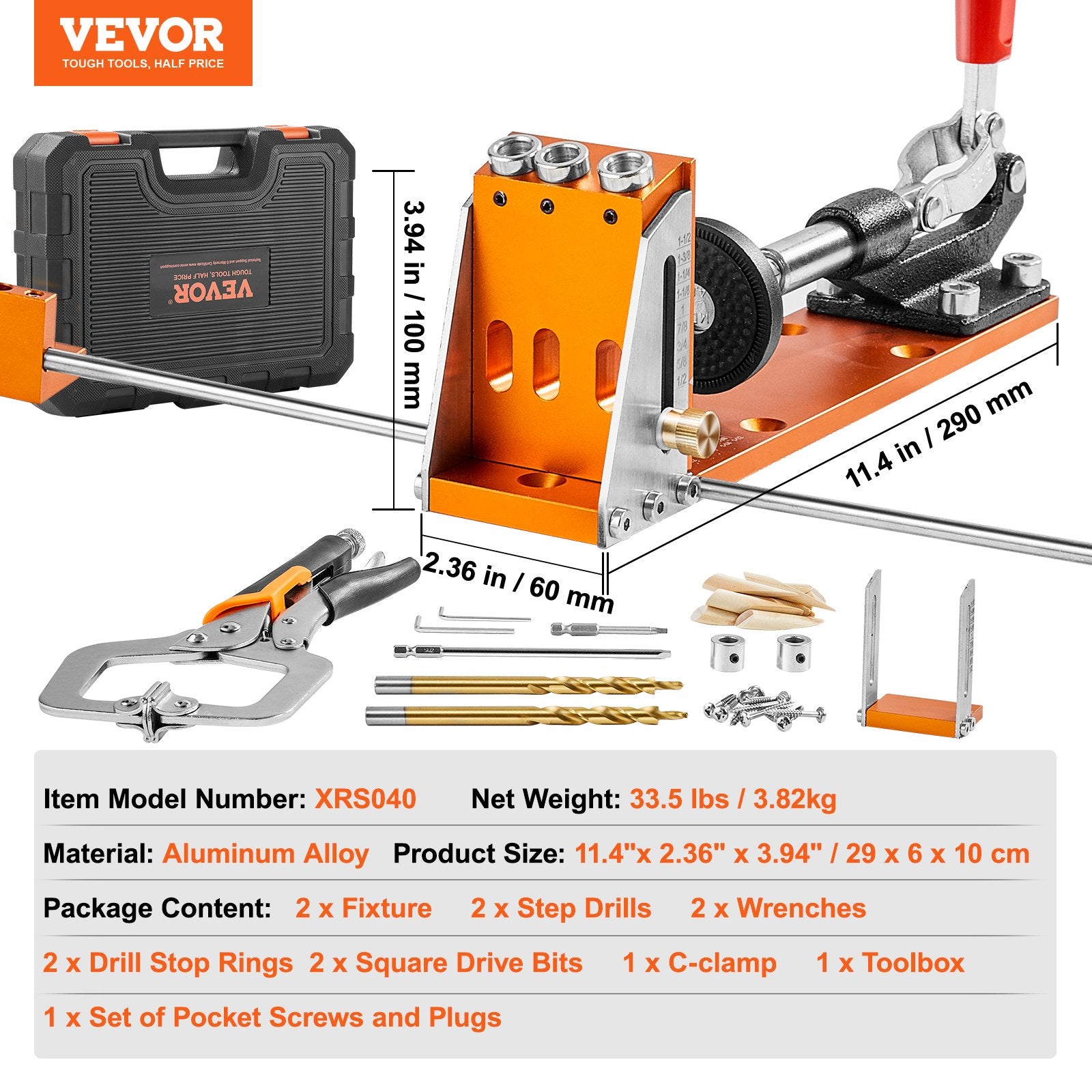 Hand Tools: VEVOR Pocket Hole Jig Kit, 34 Pcs Pocket Hole Jig System with C-clamp,  Fixture, Step Drills, Wrenches, Drill Stop Rings, Square Drive Bits, Toolbox, for DIY Carpentry Projects, Adjustable