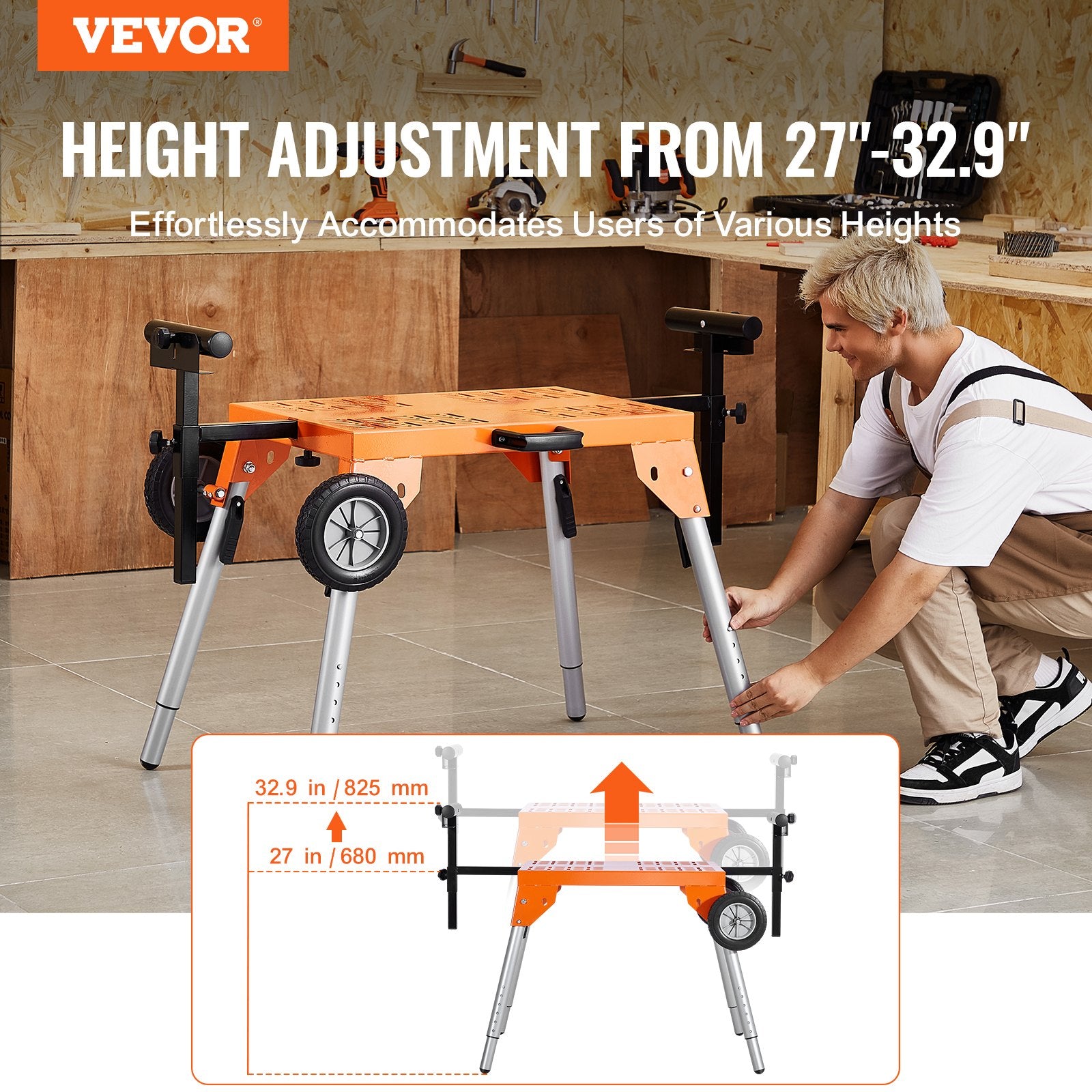 Mobility & Accessibility: VEVOR Miter Saw Stand with Tabletop and Wheels 330lbs Load Capacity Adjustable