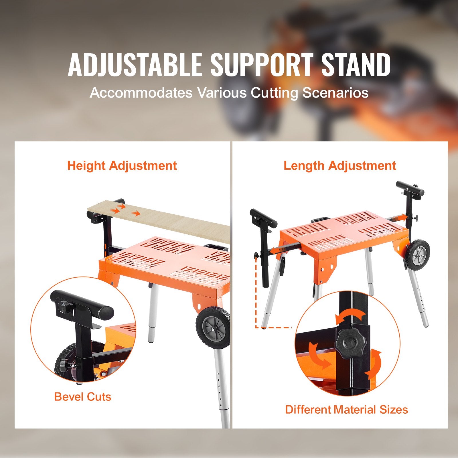 Mobility & Accessibility: VEVOR Miter Saw Stand with Tabletop and Wheels 330lbs Load Capacity Adjustable