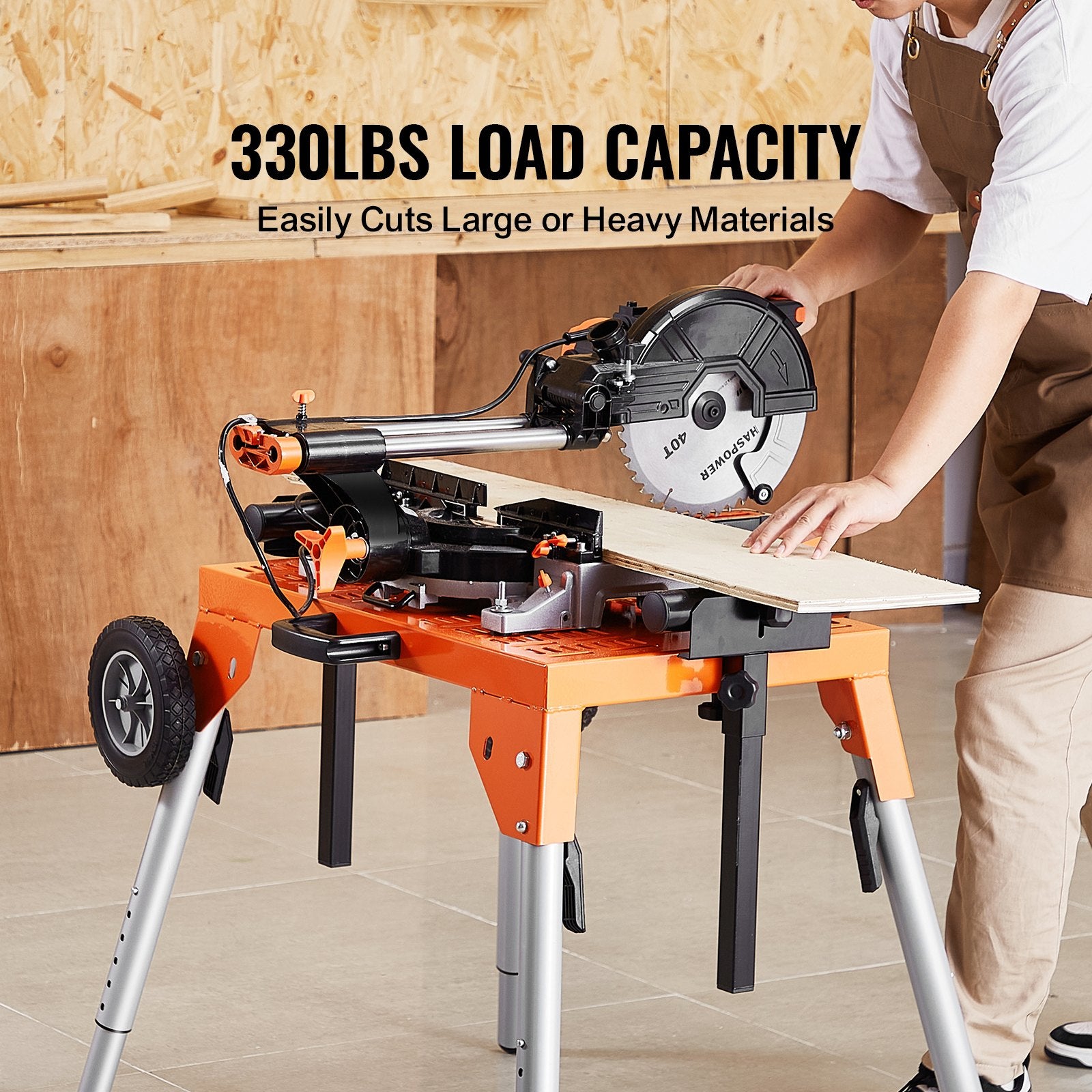 Mobility & Accessibility: VEVOR Miter Saw Stand with Tabletop and Wheels 330lbs Load Capacity Adjustable