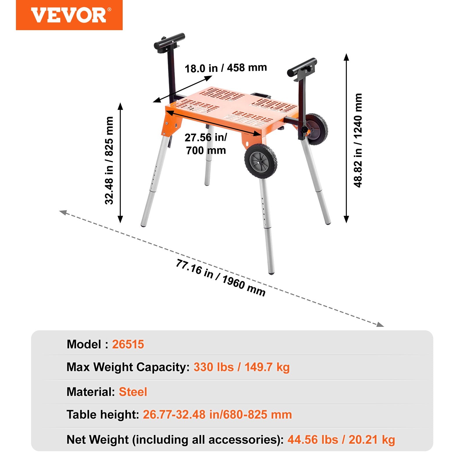 Mobility & Accessibility: VEVOR Miter Saw Stand with Tabletop and Wheels 330lbs Load Capacity Adjustable
